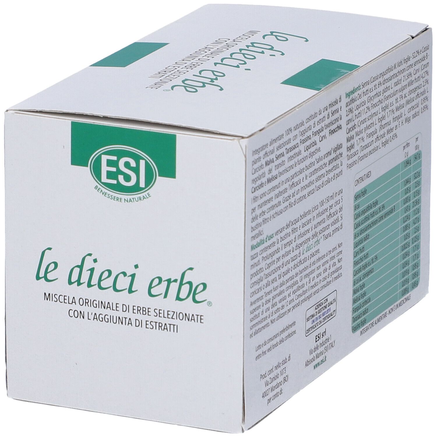 Scatola bianca con logo e testo verde. Retro con ingredienti e informazioni nutrizionali. Scritto: le dieci erbe.