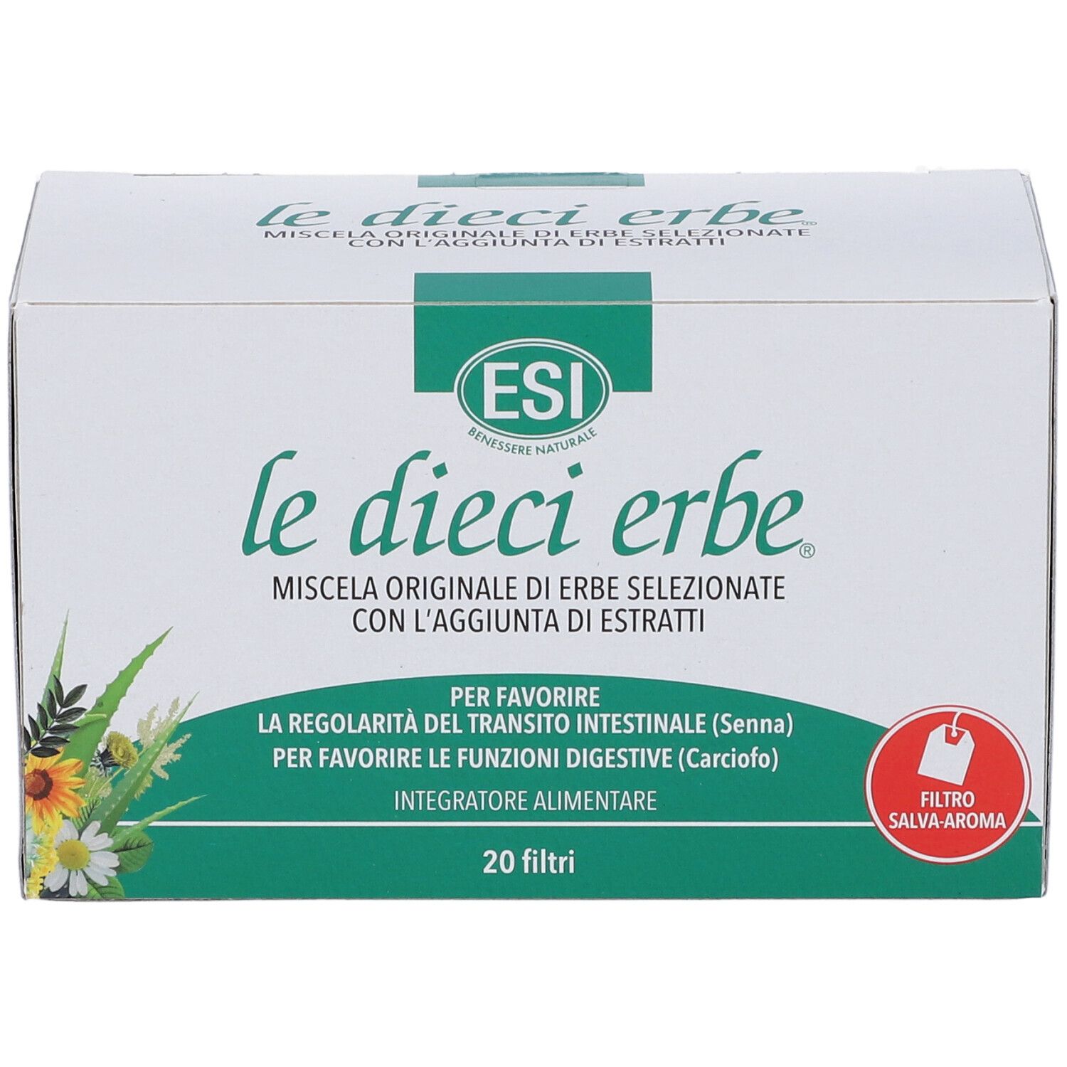 Scatola bianca con logo e scritta verde. Scritto: le dieci erbe. 20 filtri.