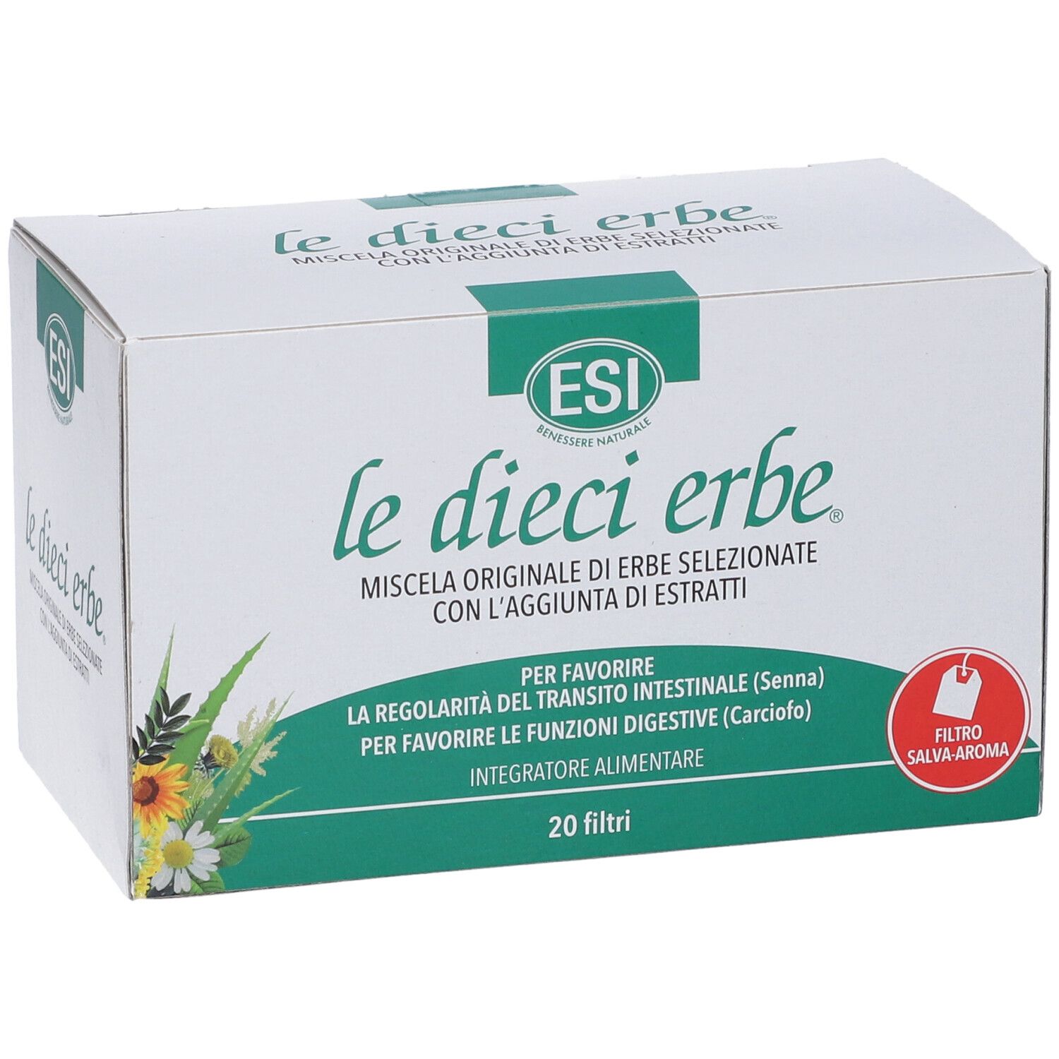 Scatola bianca con logo e scritta verde. Scritto: le dieci erbe. 20 filtri.