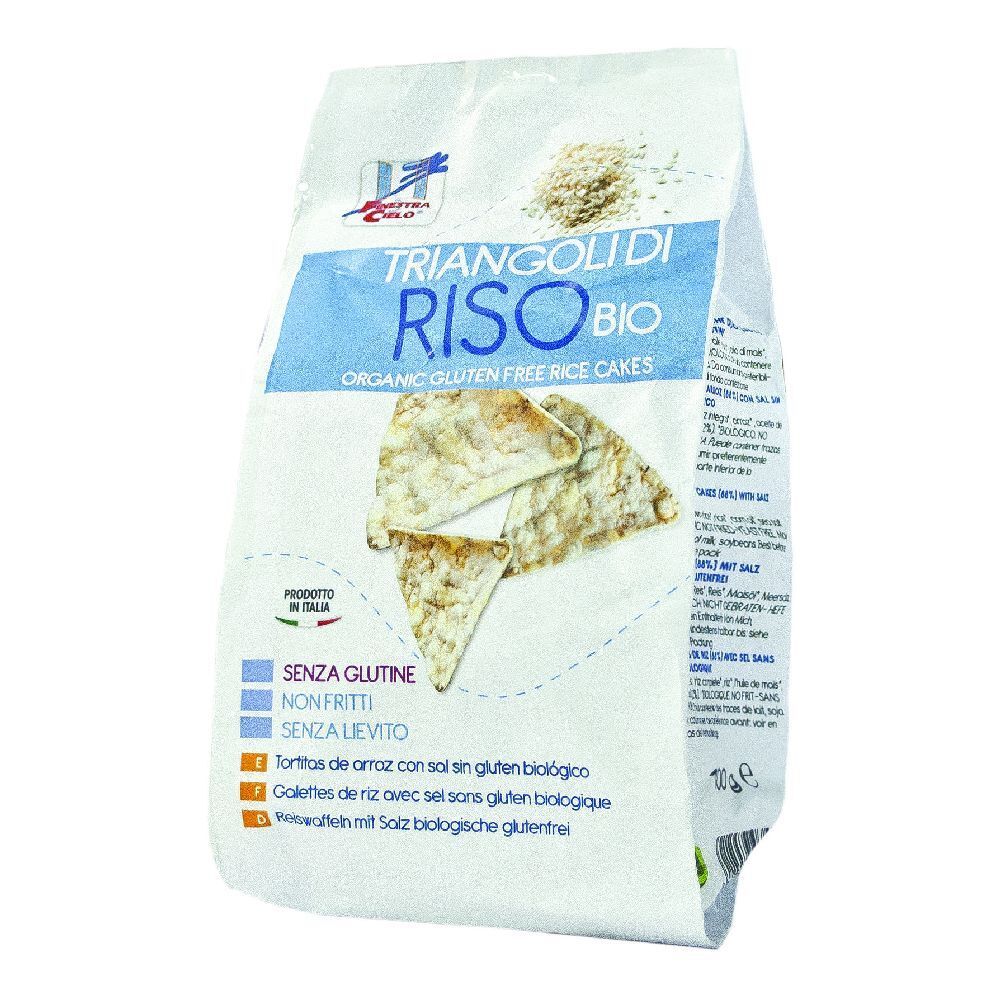 Confezione di triangoli di riso. Scritta: Triangoli di Riso Bio, senza glutine. Immagine del prodotto.