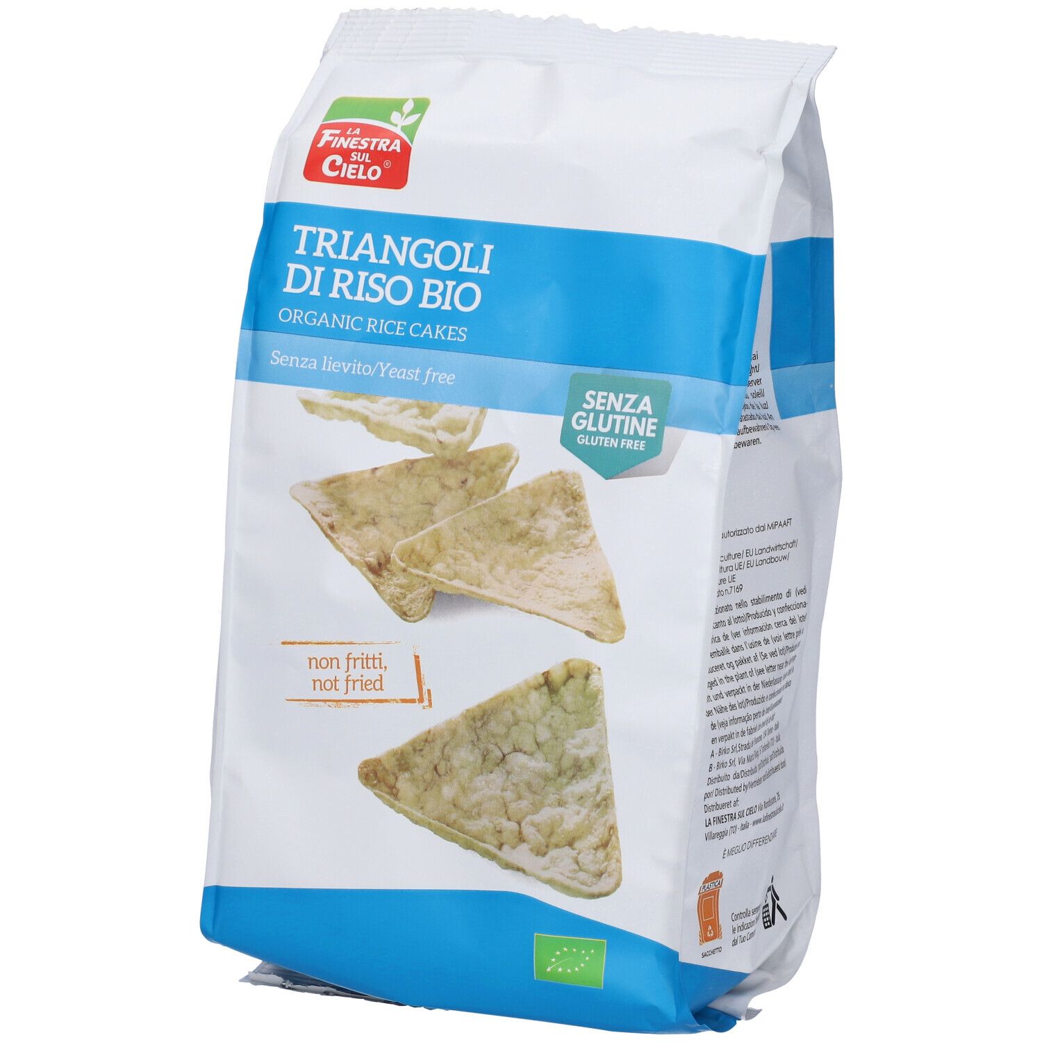 Confezione di triangoli di riso. Marchio: La Finestra sul Cielo. Scritta: Triangoli di Riso Bio, senza glutine.