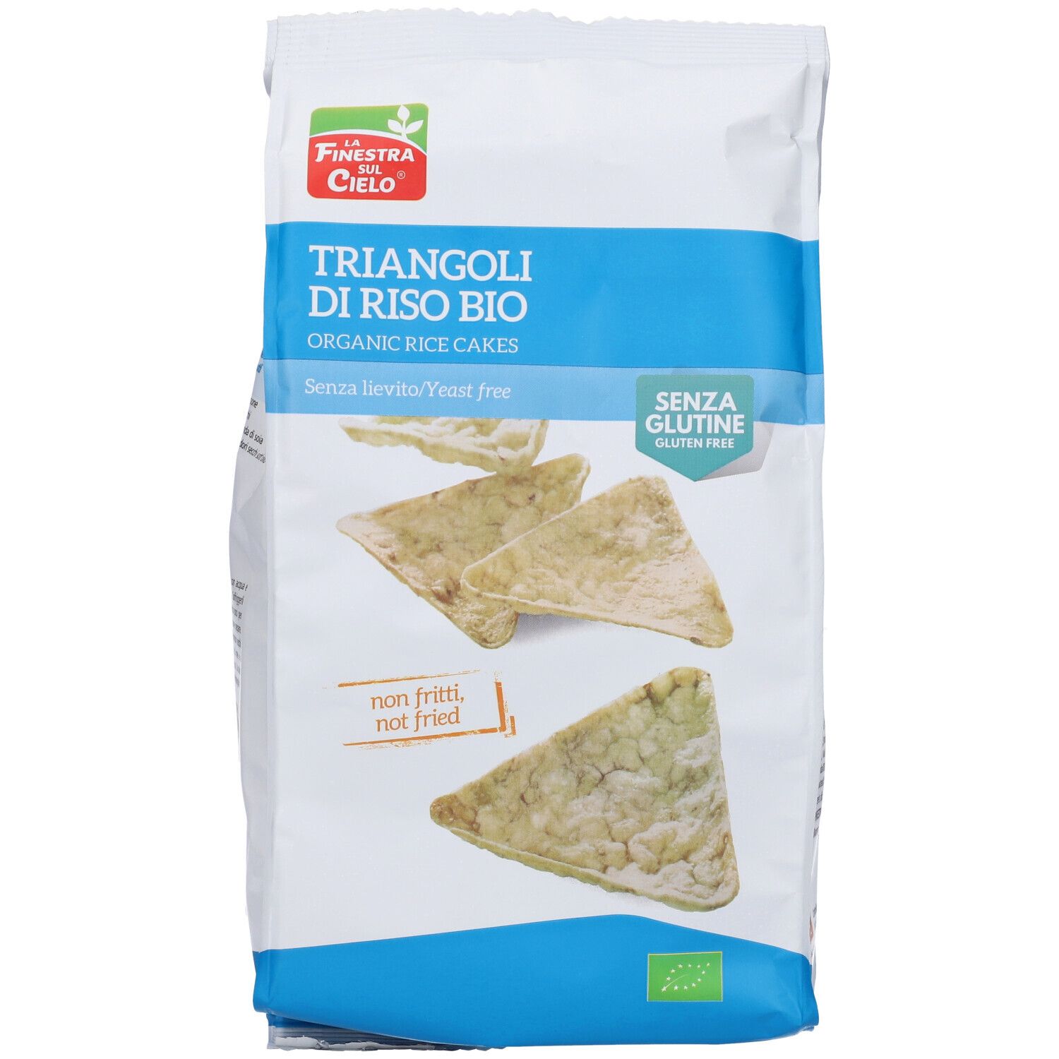 Confezione di triangoli di riso. Marchio: La Finestra sul Cielo. Scritta: Triangoli di Riso Bio, senza glutine.