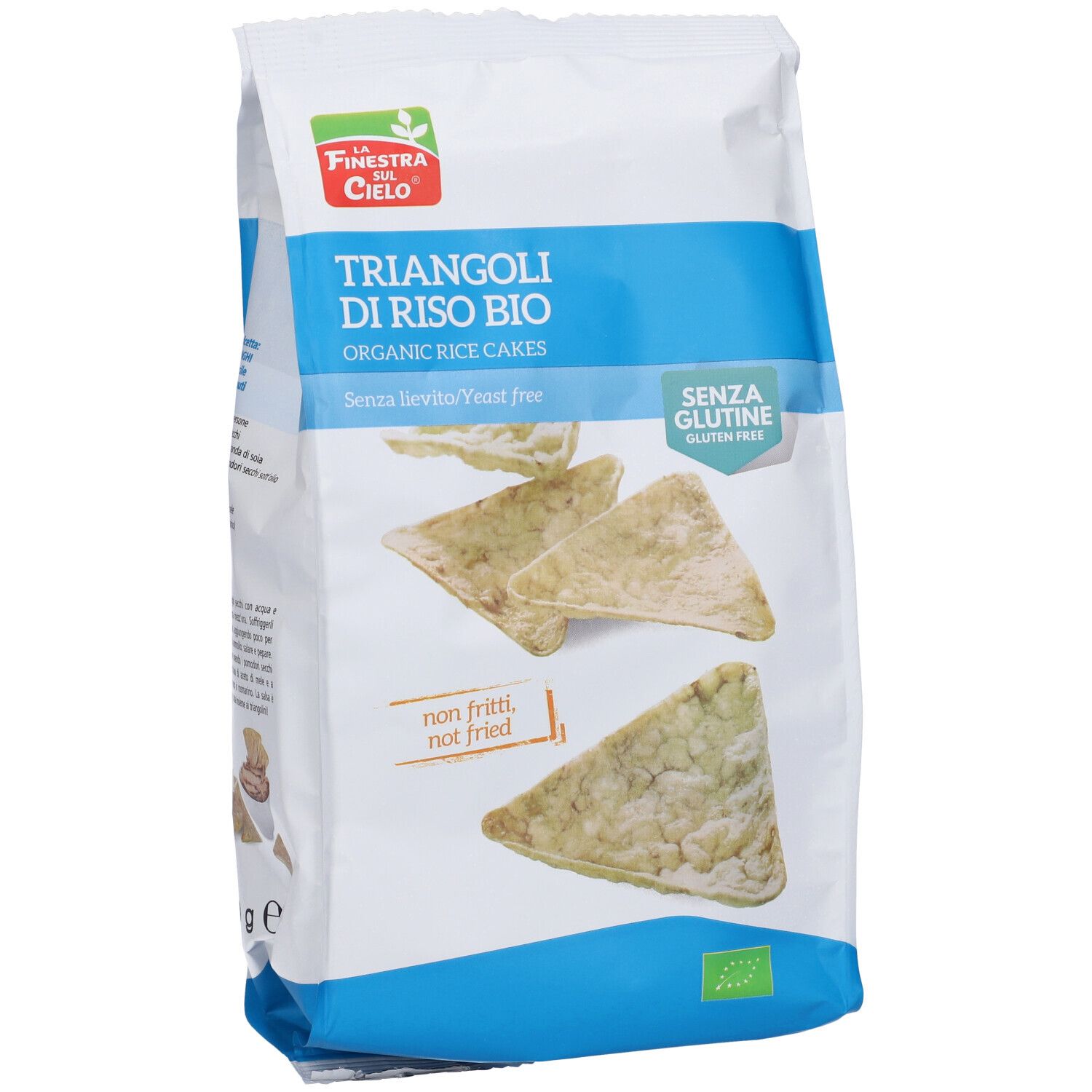Confezione di triangoli di riso. Marchio: La Finestra sul Cielo. Scritta: Triangoli di Riso Bio, senza glutine.