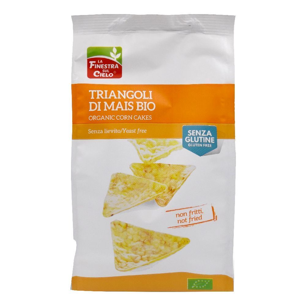 Confezione di triangoli di mais. Scritta: Triangoli di Mais Bio, senza glutine, senza lievito. Immagine di triangoli.