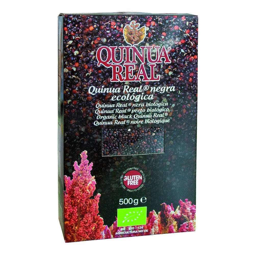 Confezione di Quinua Real Quinoa Nera Bio. Grani neri visibili. Sigillo senza glutine e logo biologico.