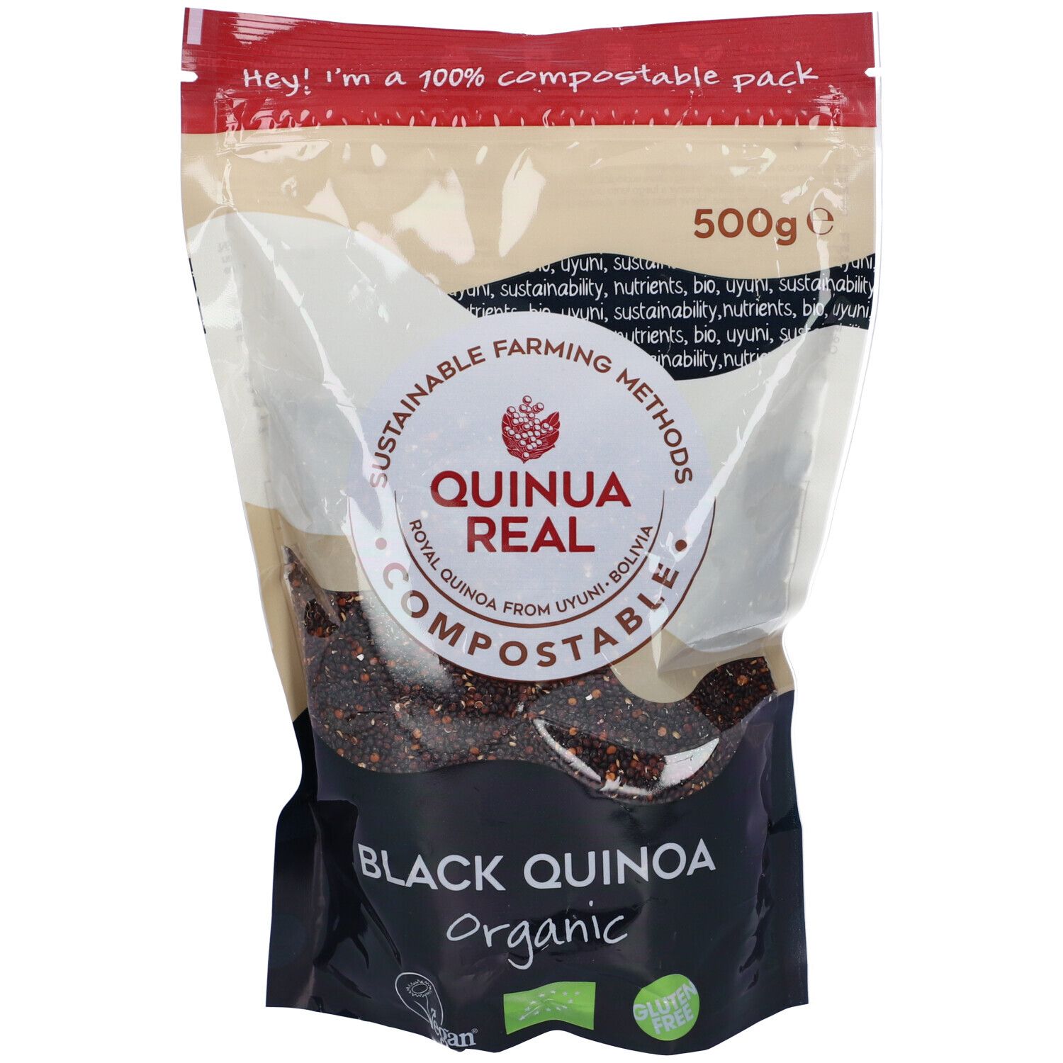 Busta di Quinua Real Quinoa Nera Bio. Grani neri visibili. Scritta: 'Confezione 100% compostabile'. Marchio bio.