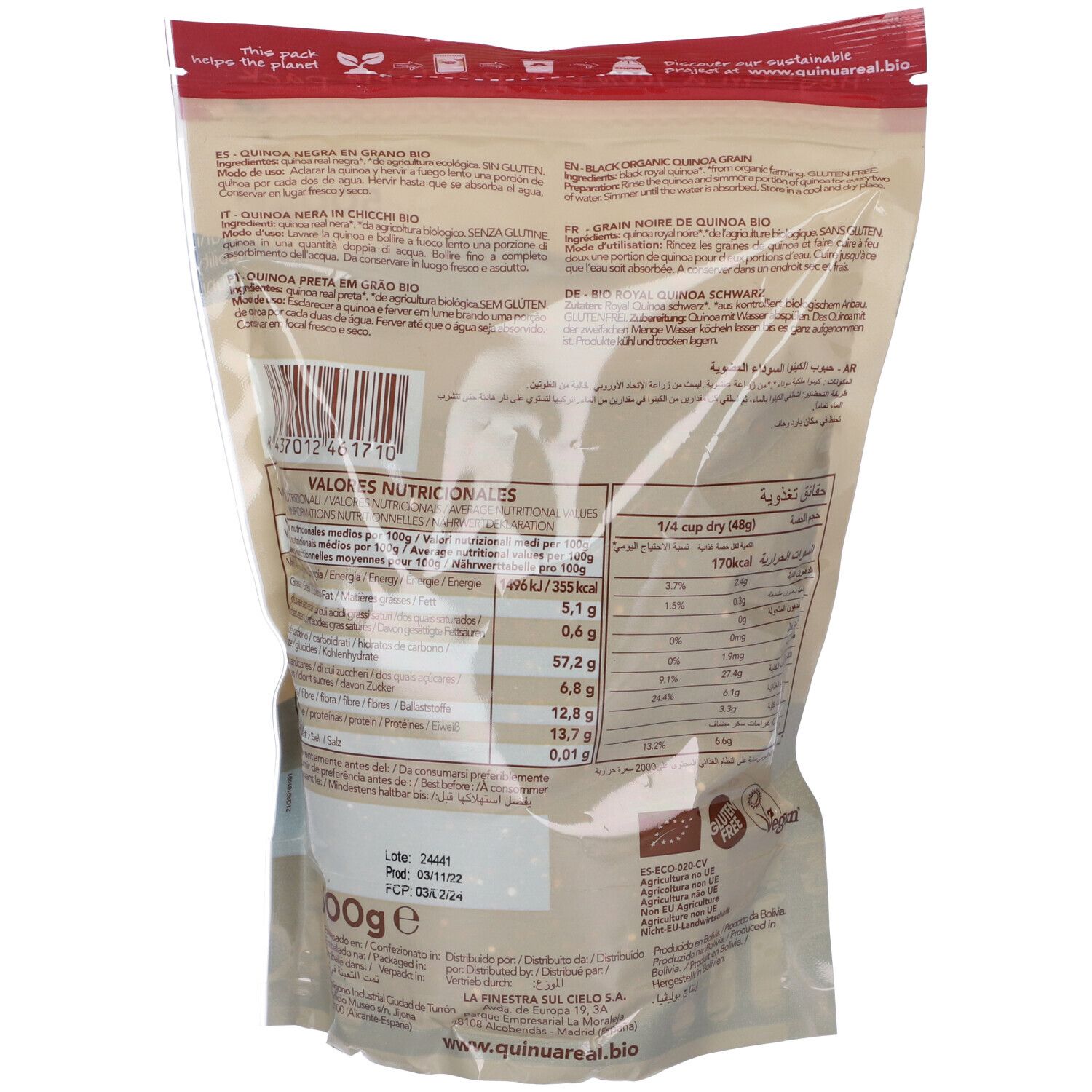 Retro della confezione di Quinua Real Quinoa Nera Bio. Informazioni nutrizionali e testo multilingue. Marchio bio.