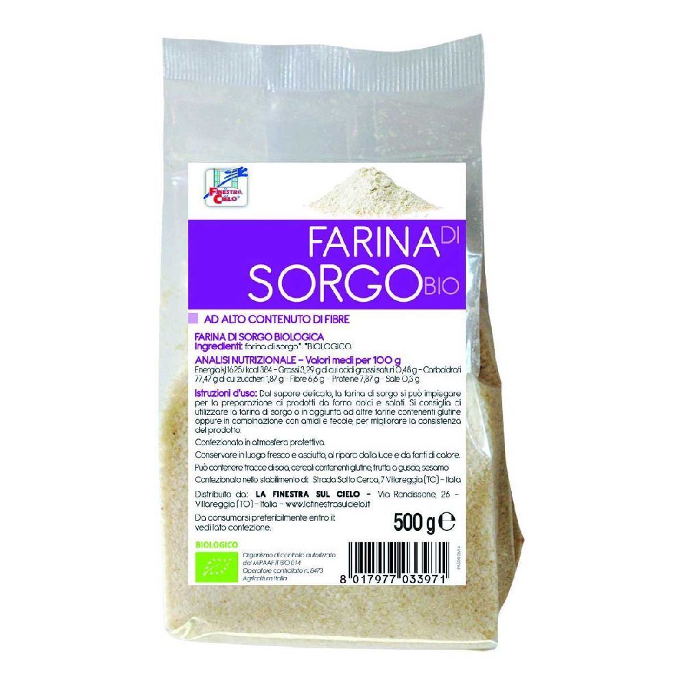 Confezione di Fsc Farina Di Sorgo Bio da 500g. Etichetta con informazioni e logo biologico.