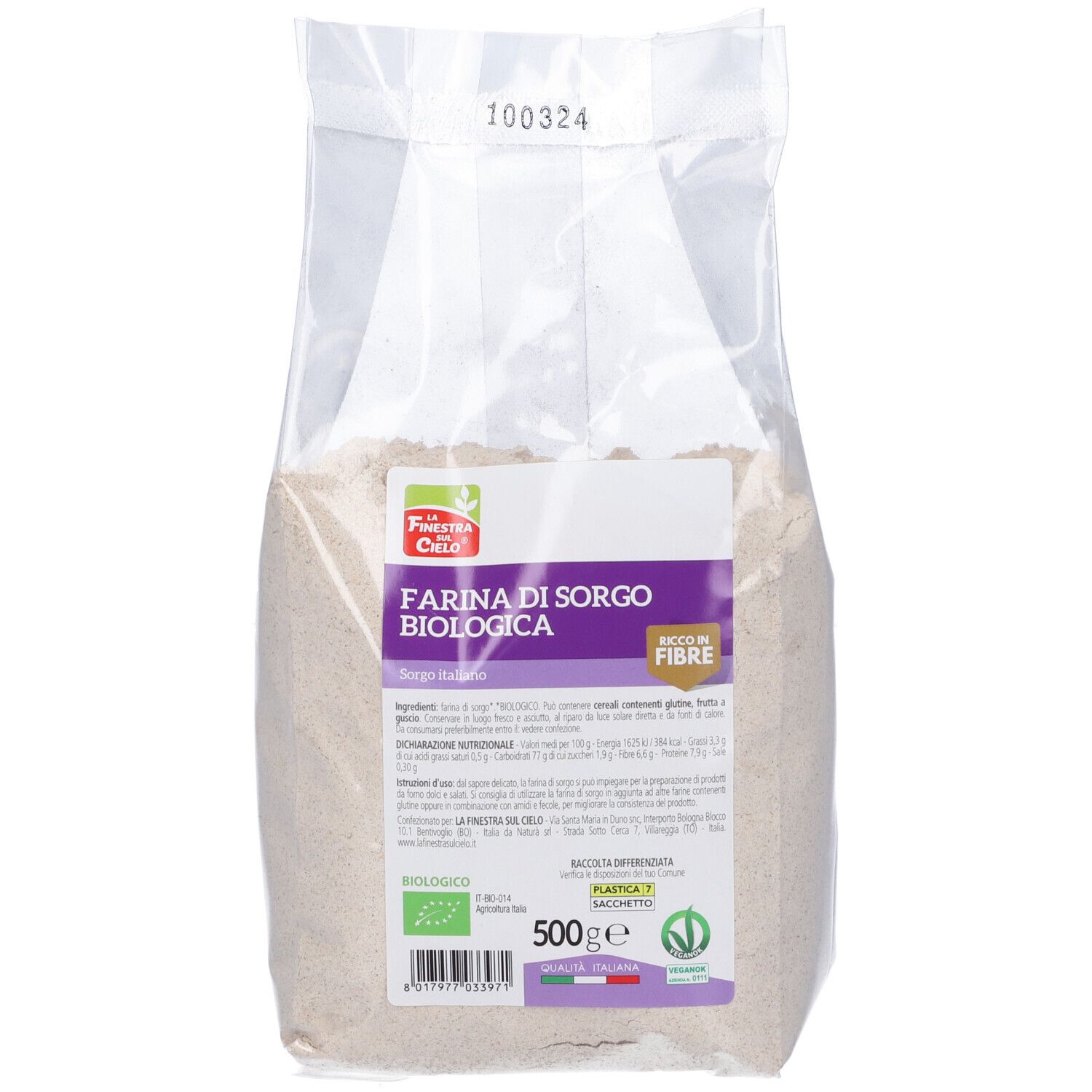 Confezione di Fsc Farina Di Sorgo Bio da 500g. Con logo biologico e informazioni.