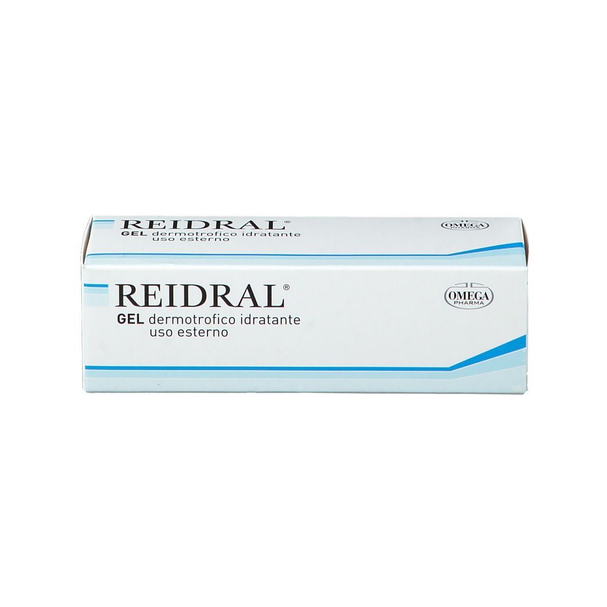 Confezione di REIDRAL® Gel. Scritta: Gel dermotrofico idratante uso esterno. Logo Omega Pharma.