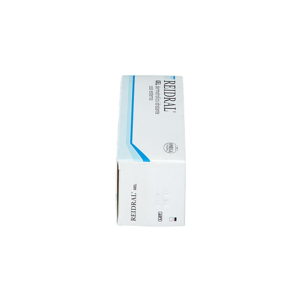 Confezione di REIDRAL® Gel. Scritta: Gel dermotrofico idratante uso esterno. Logo Omega Pharma.