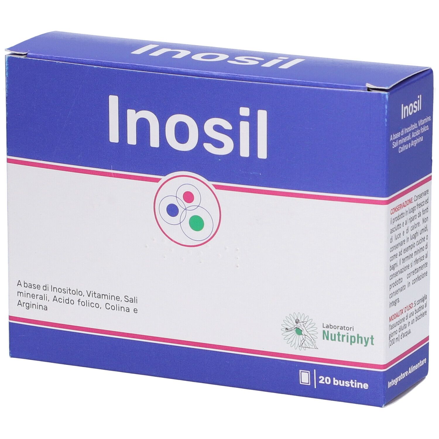 Scatola blu con coperchio bianco. Nome del prodotto e logo. Testo sugli ingredienti e 20 bustine.