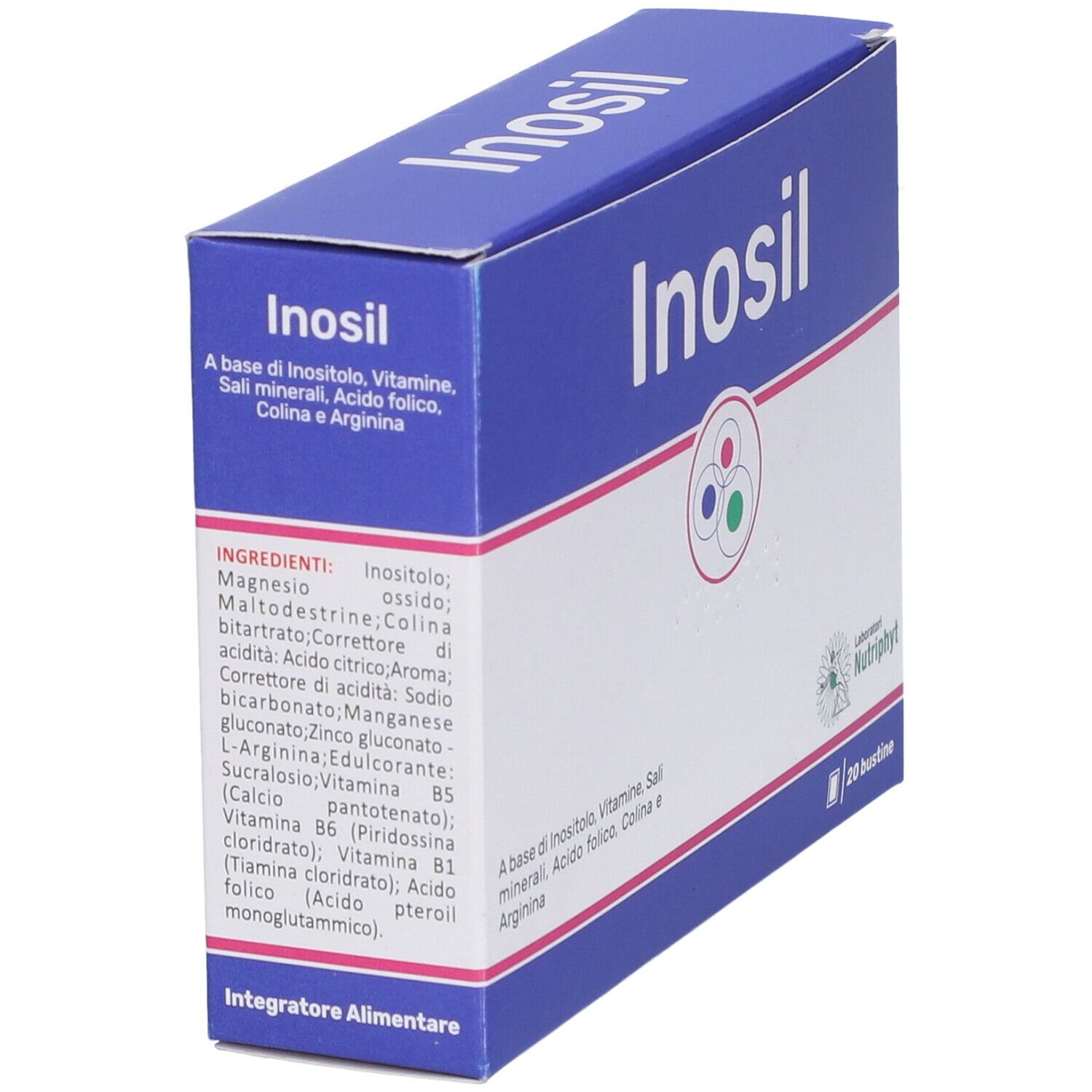 Scatola blu con coperchio bianco. Nome del prodotto e logo. Testo sugli ingredienti e 20 bustine.