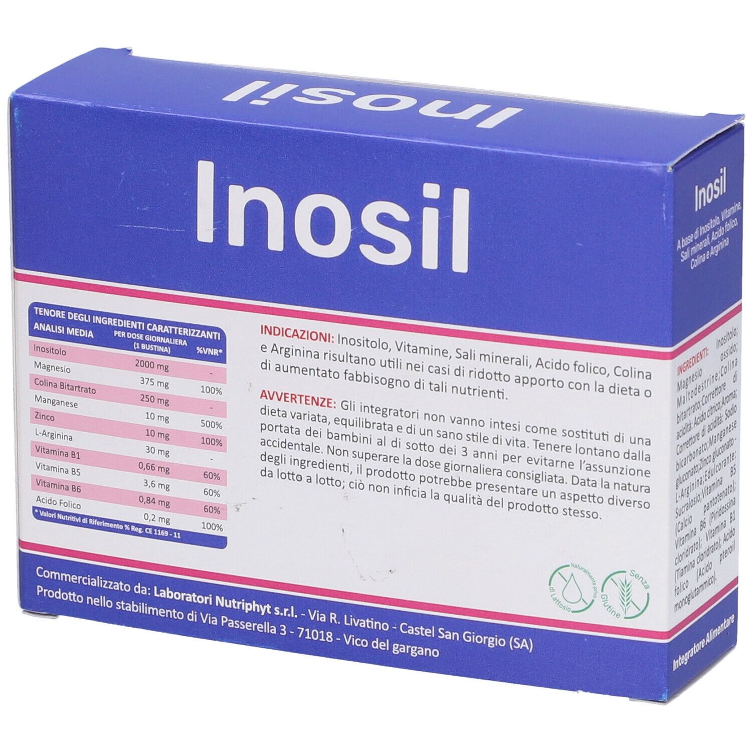 Scatola blu con coperchio bianco. Nome del prodotto e logo. Testo sugli ingredienti e 20 bustine.