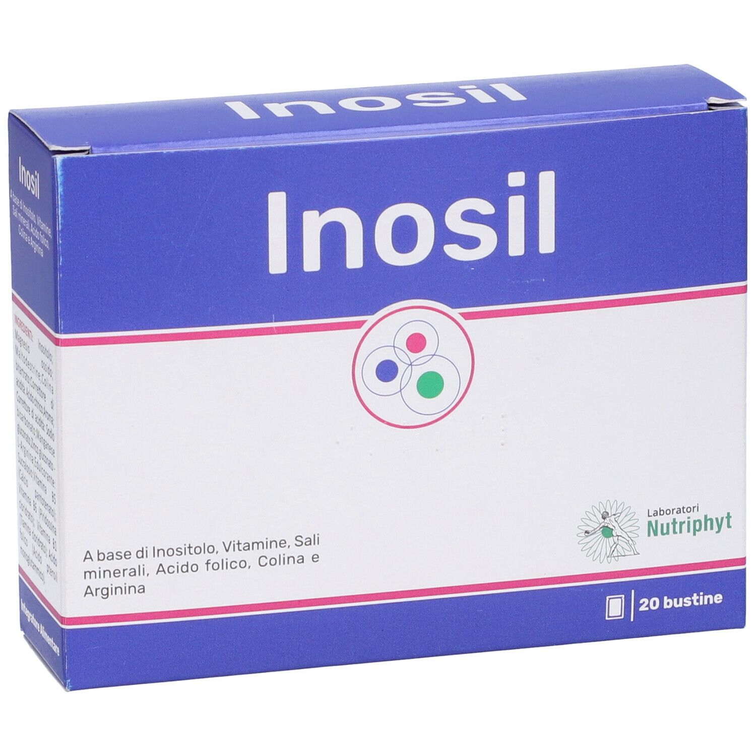 Scatola blu con coperchio bianco. Nome del prodotto e logo. Testo sugli ingredienti e 20 bustine.