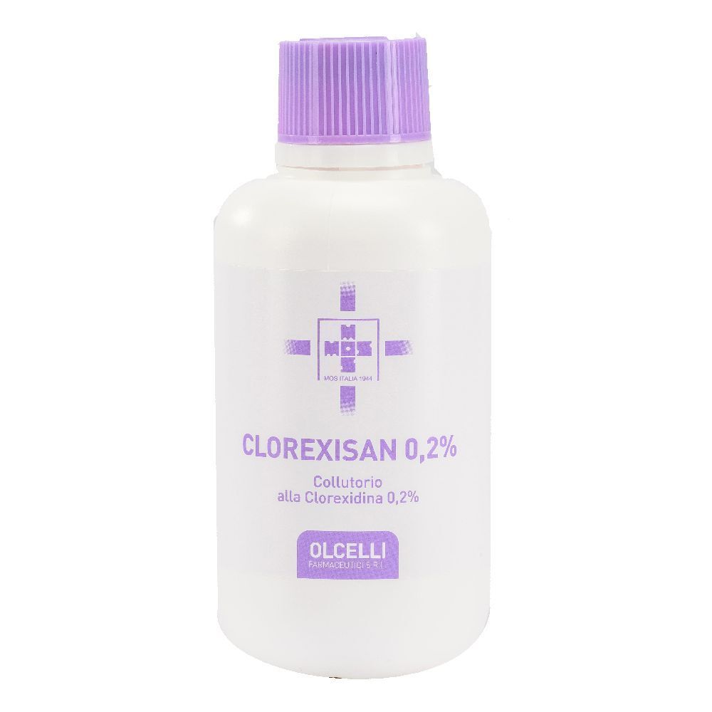 Flacone bianco con tappo viola. Scritta: Clorexisan 0,2%. Logo. Olcelli. Collutorio.