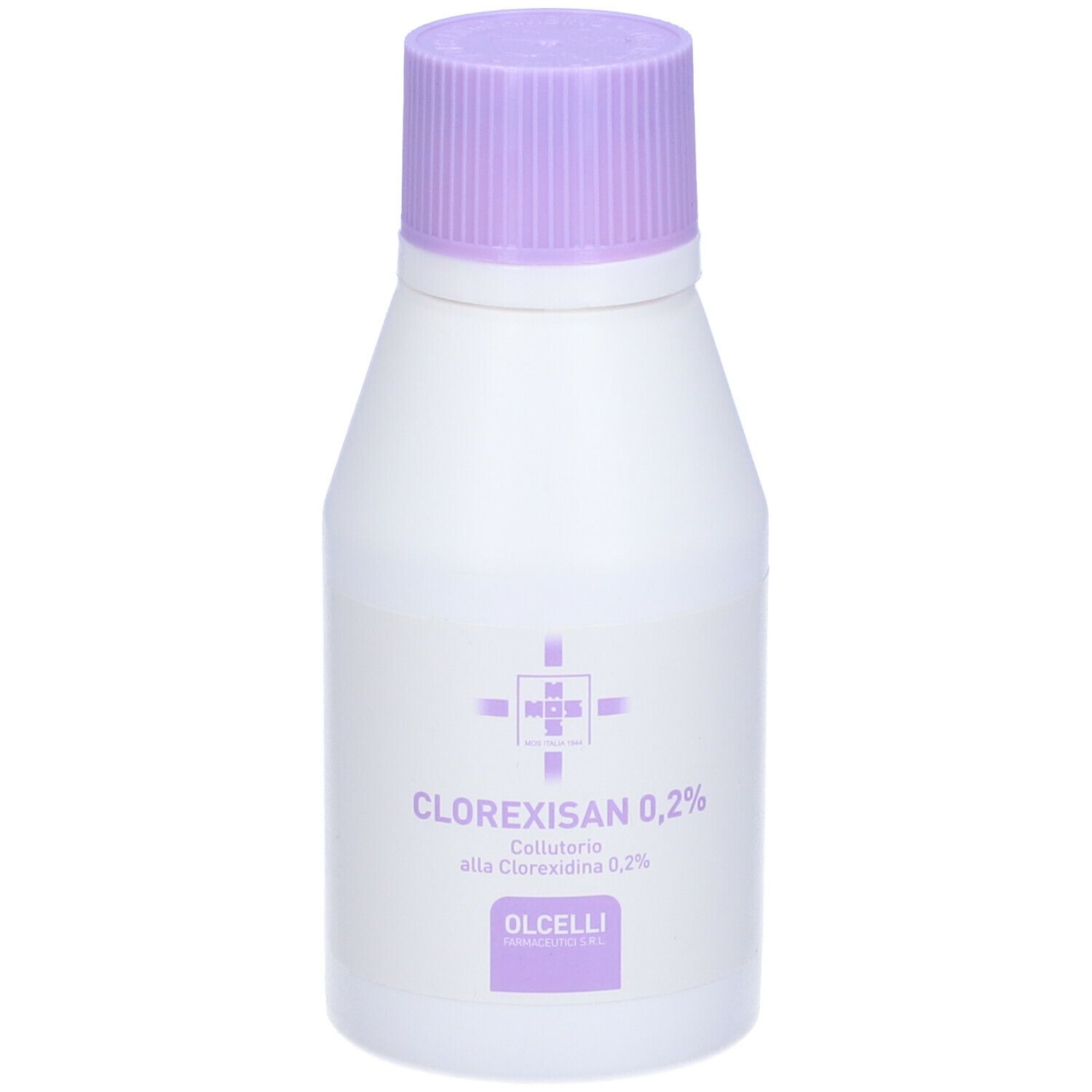 Flacone bianco con tappo viola. Scritta: Clorexisan 0,2%. Logo. Olcelli. Collutorio.