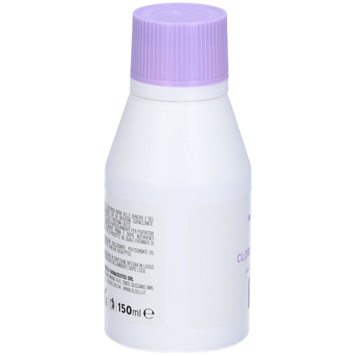 Flacone bianco con tappo viola. Testo sul retro. 150 ml. Prodotto in Italia.