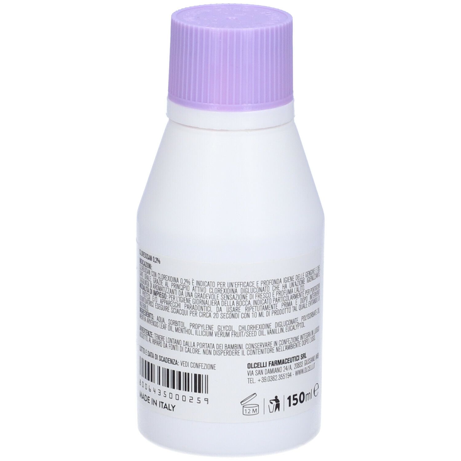 Flacone bianco con tappo viola. Testo sul retro. 150 ml. Prodotto in Italia.