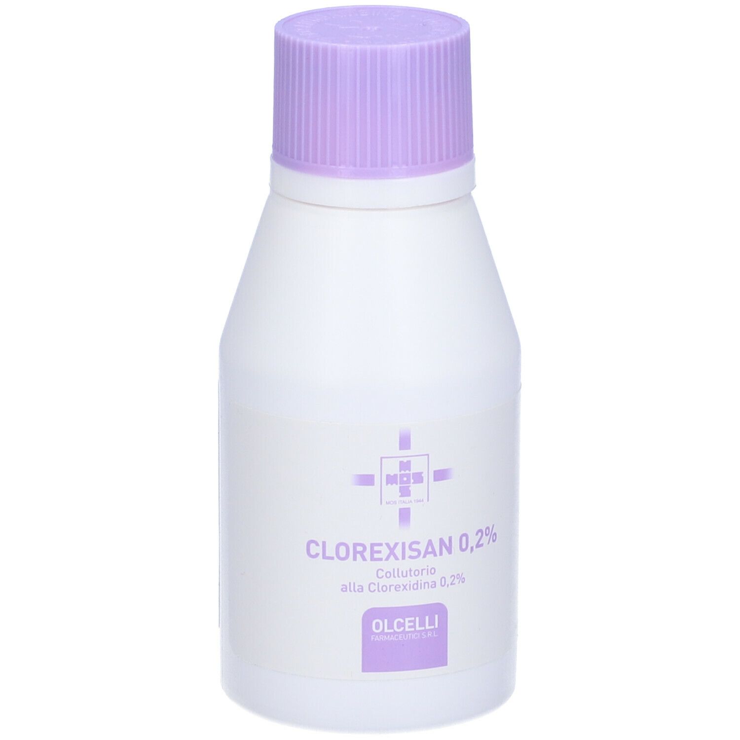 Flacone bianco con tappo viola. Scritta: Clorexisan 0,2%. Logo. Olcelli. Collutorio.