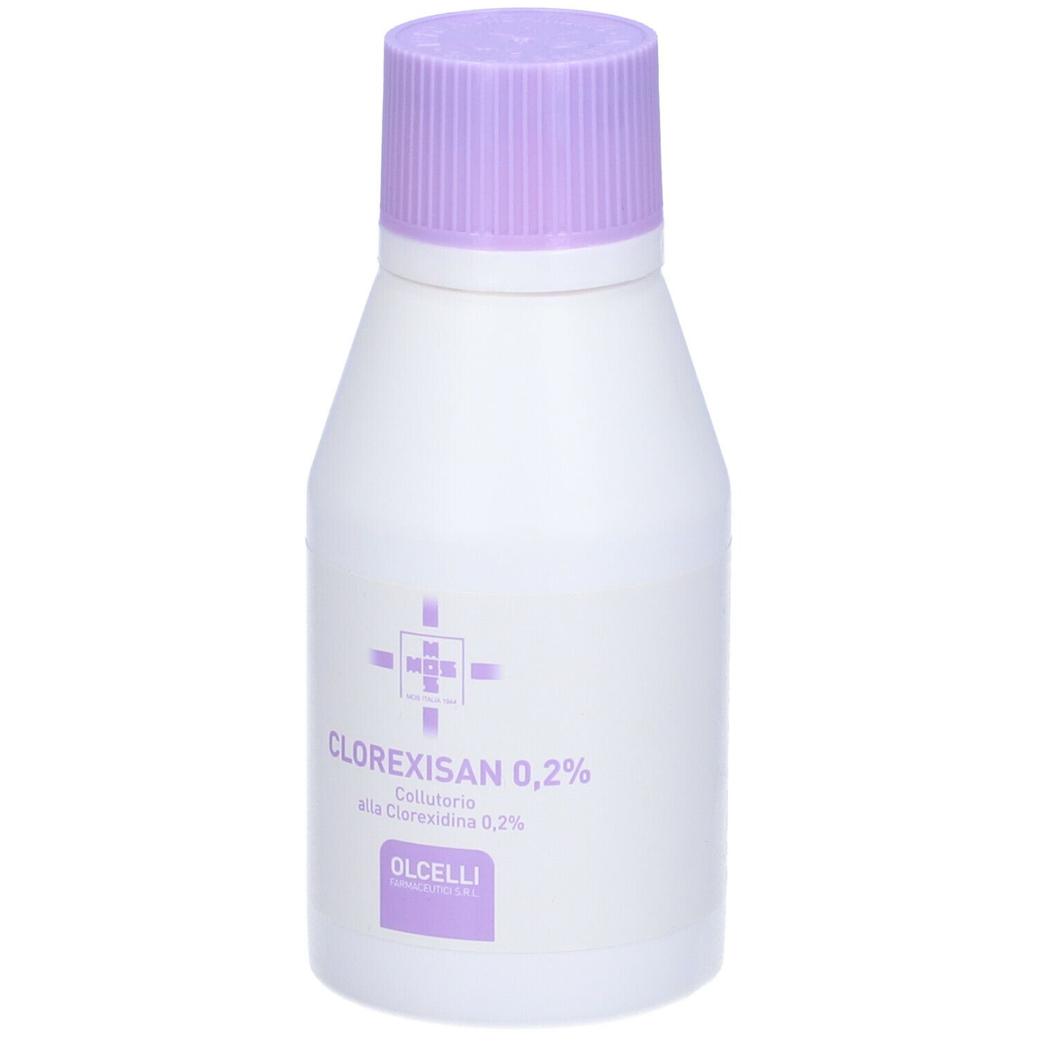 Flacone bianco con tappo viola. Scritta: Clorexisan 0,2%. Logo. Olcelli. Collutorio.