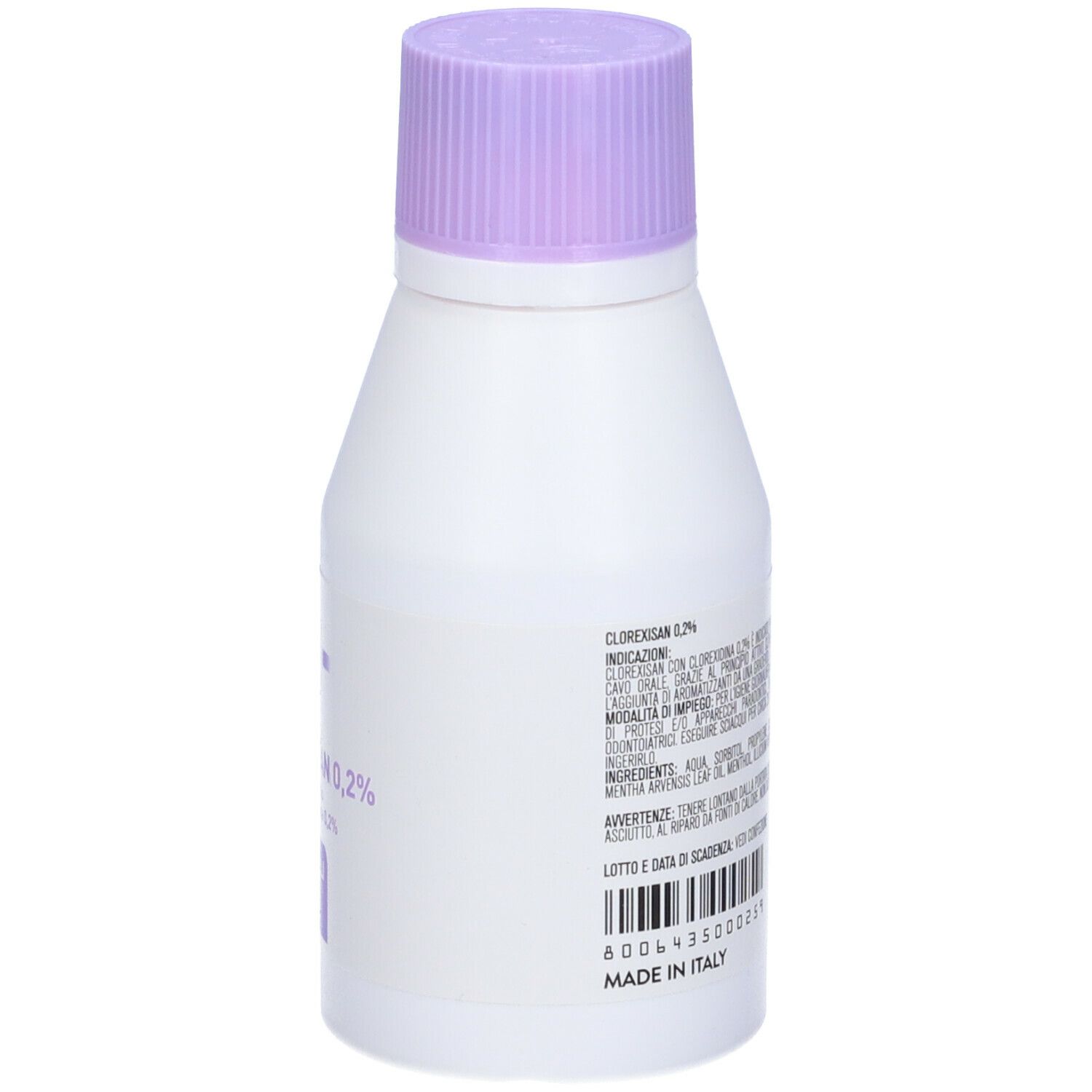 Flacone bianco con tappo viola. Testo sul retro. 150 ml. Prodotto in Italia.