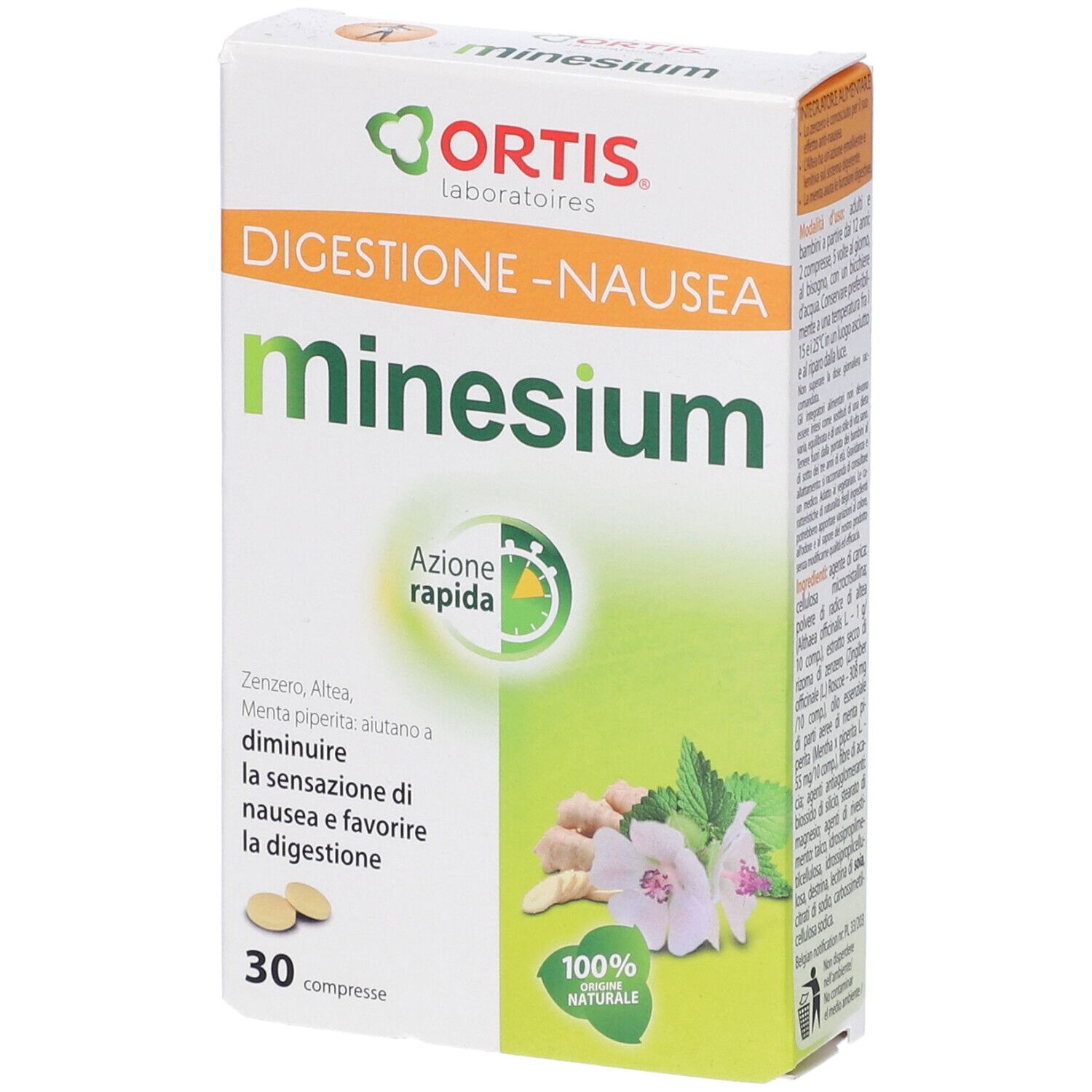 Confezione Minesium. Scatola bianca con design verde e giallo. Testo: Digestione-Nausea, 30 compresse, 100% naturale.