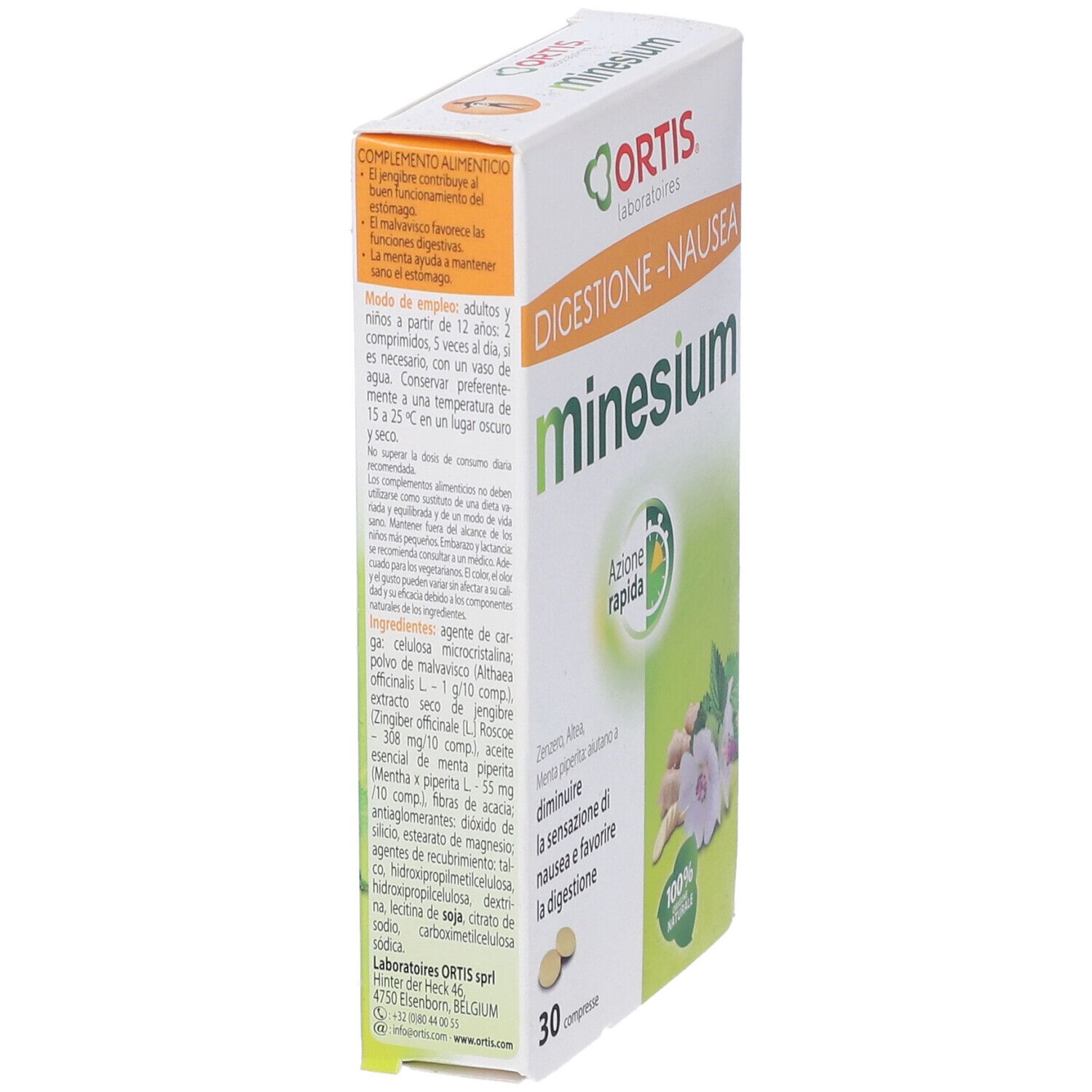 Confezione Minesium. Scatola bianca con design verde e giallo. Testo: Digestione-Nausea, 30 compresse, 100% naturale. Vista laterale.