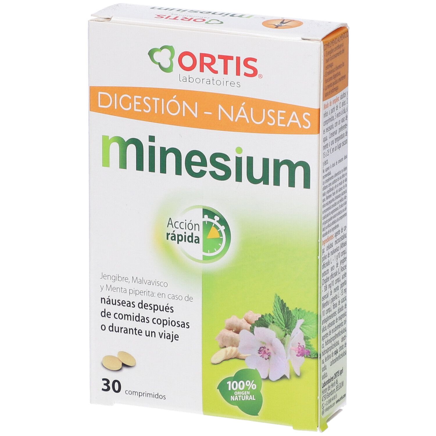 Confezione Minesium. Scatola bianca con design verde e giallo. Testo: Digestione-Nausee, 30 compresse, 100% naturale.
