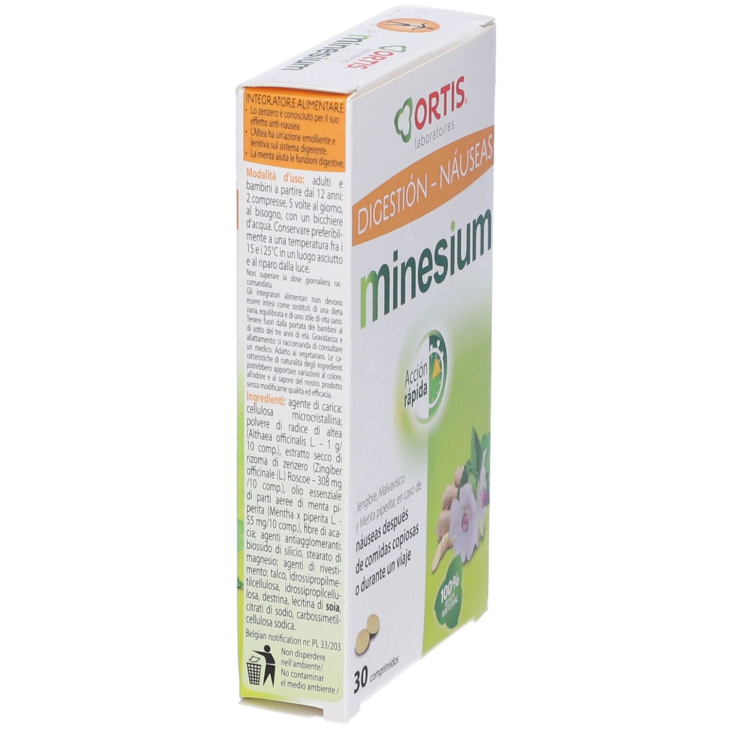 Confezione Minesium. Scatola bianca con design verde e giallo. Testo: Digestione-Nausee, 30 compresse, 100% naturale. Vista laterale.
