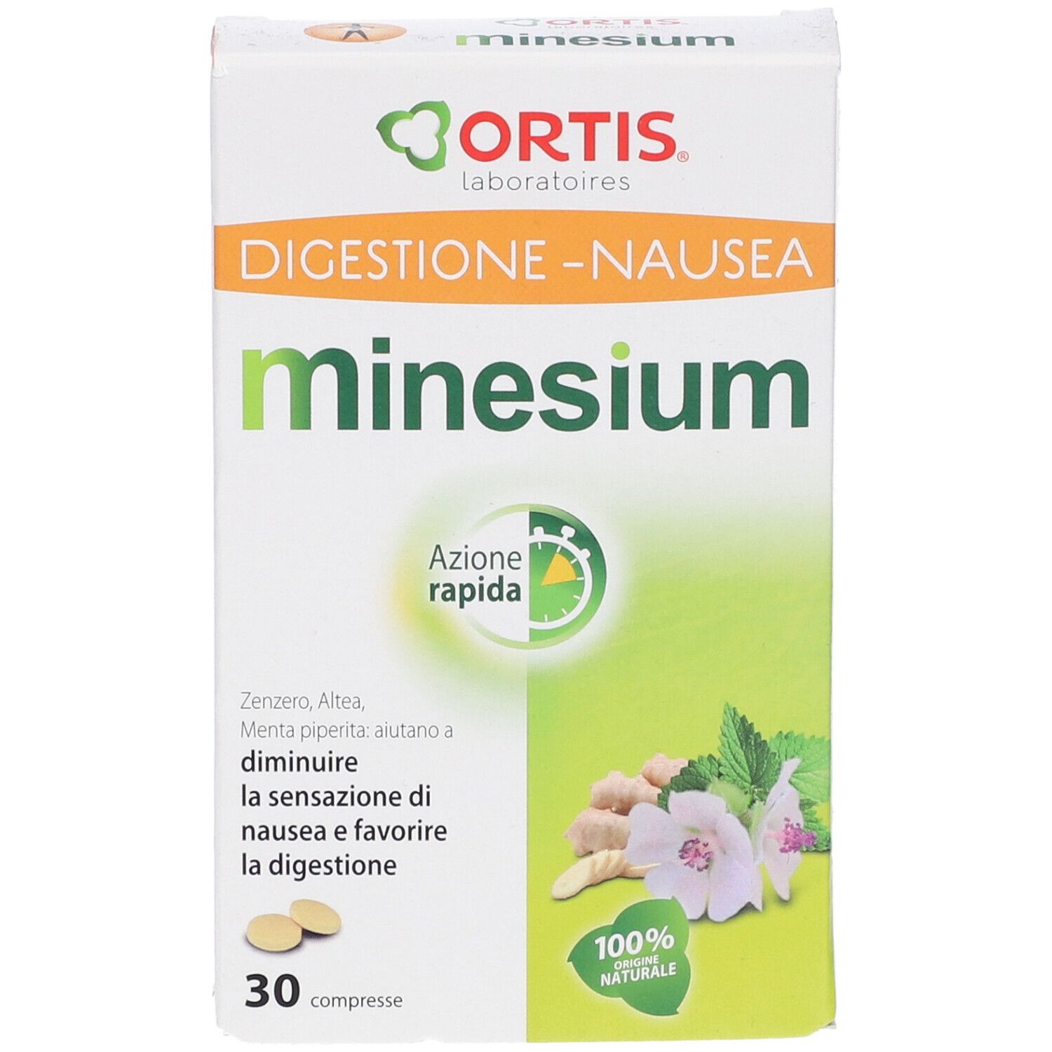 Confezione Minesium. Scatola bianca con design verde e giallo. Testo: Digestione-Nausea, 30 compresse, 100% naturale.
