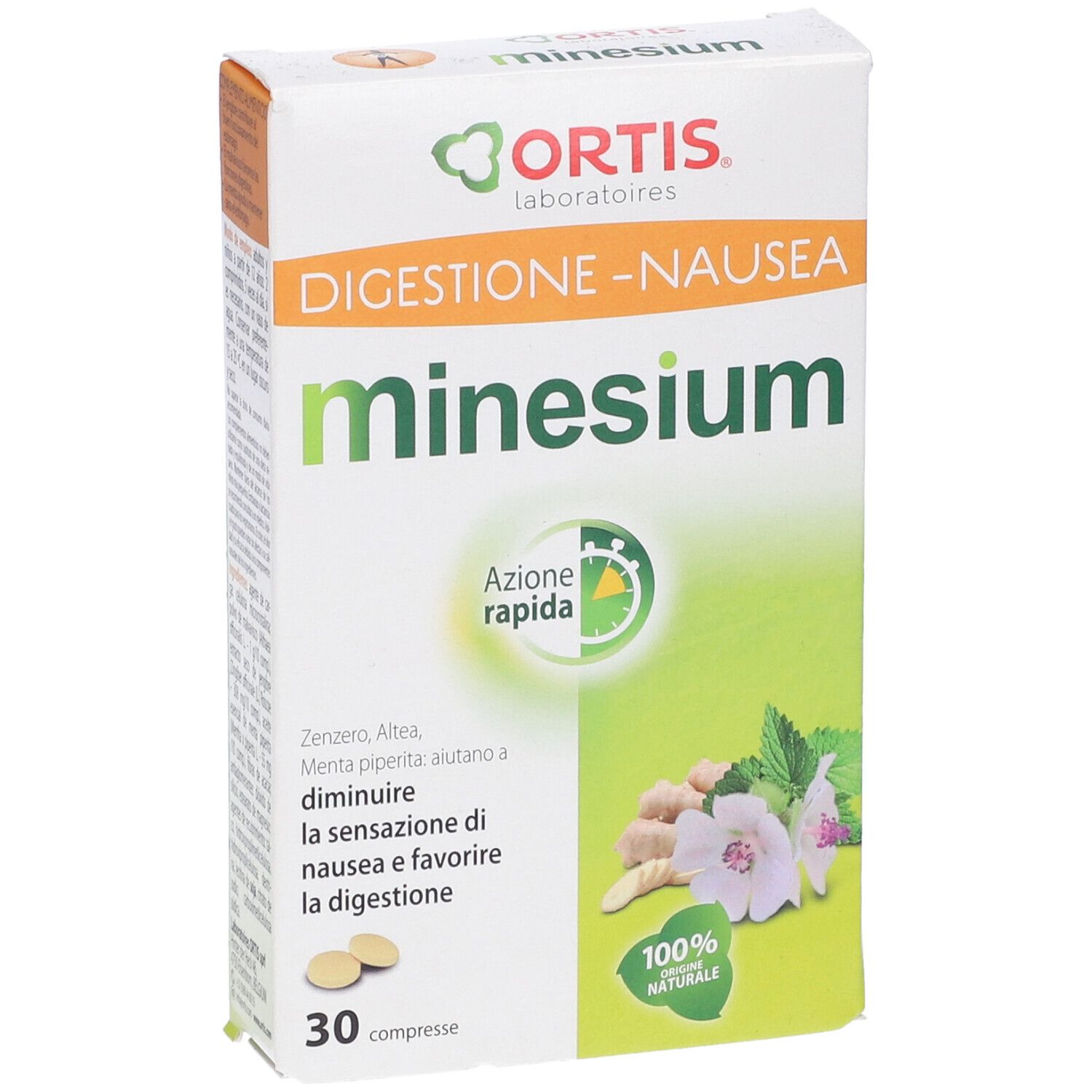 Confezione Minesium. Scatola bianca con design verde e giallo. Testo: Digestione-Nausea, 30 compresse, 100% naturale.