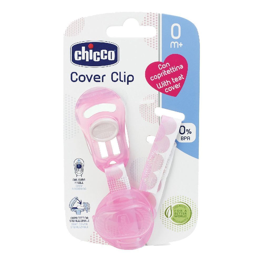Clip salvasucchietto rosa con coperchio, confezione. Marchio Chicco. Con coperchio e senza BPA.