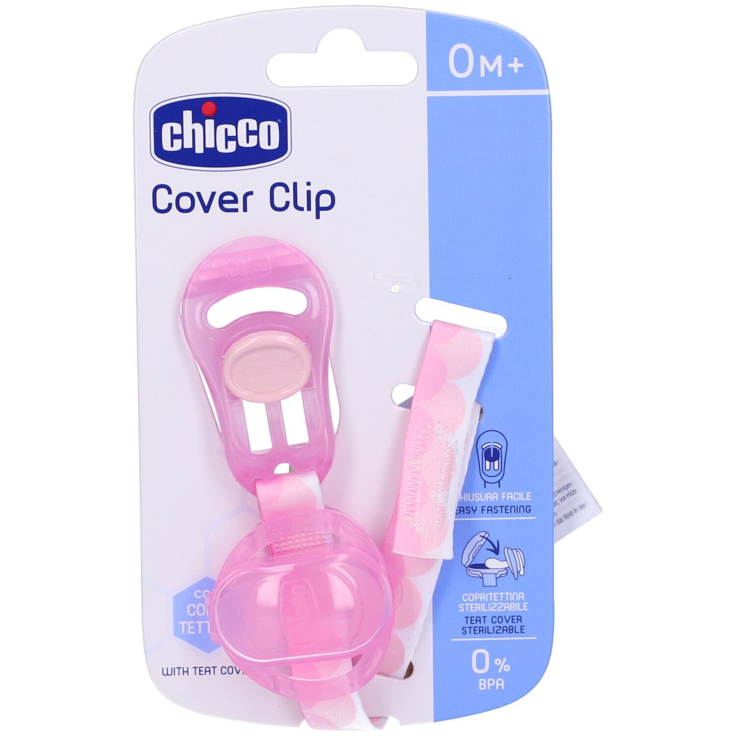 Clip salvasucchietto rosa con coperchio, confezione. Marchio Chicco. Con coperchio e senza BPA.