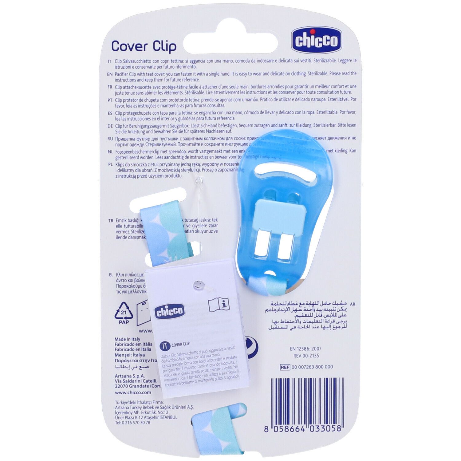 Retro della confezione del clip salvasucchietto. Clip blu, testo: Cover Clip, marchio Chicco. Con istruzioni e codice a barre.