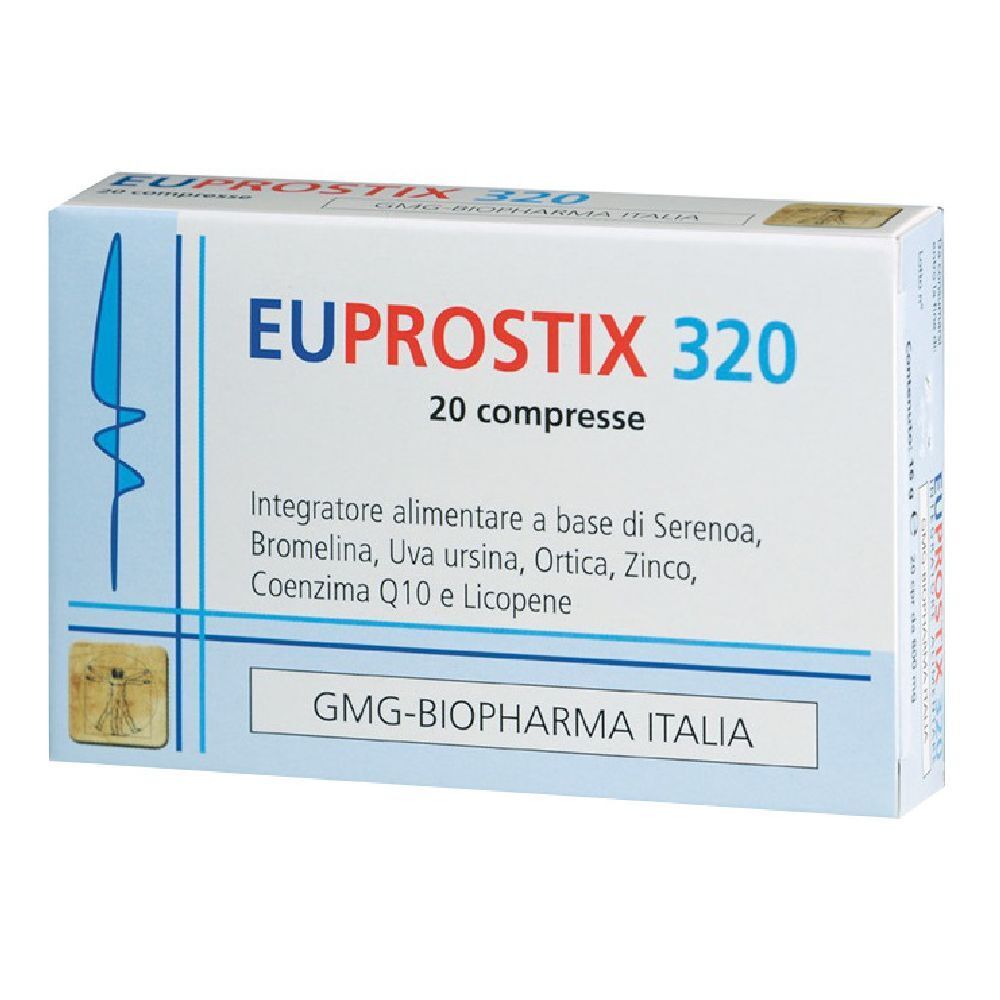 Scatola di EUPROSTIX 320, 20 compresse. Contiene Serenoa, Bromelina, Uva ursina, Ortica, Zinco, Coenzima Q10 e Licopene.
