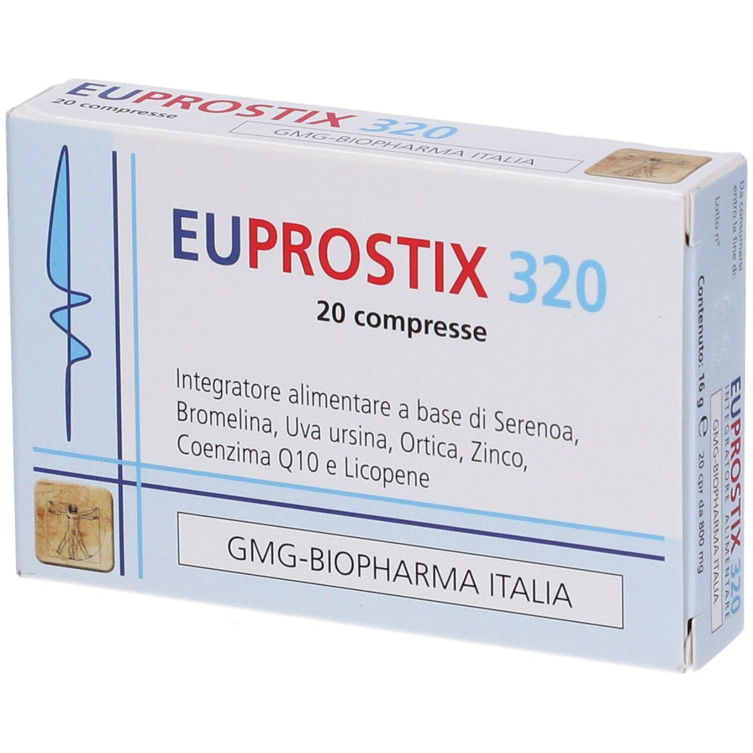 Scatola di EUPROSTIX 320, 20 compresse. Contiene Serenoa, Bromelina, Uva ursina, Ortica, Zinco, Coenzima Q10 e Licopene.