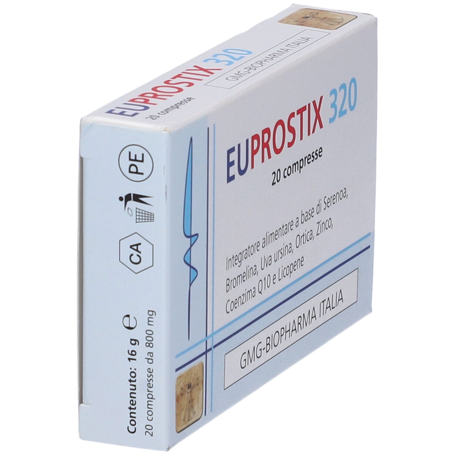 Scatola EUPROSTIX 320, 20 compresse. Contiene Serenoa, Bromelina, Uva ursina, Ortica, Zinco, Coenzima Q10 e Licopene. Vista laterale.