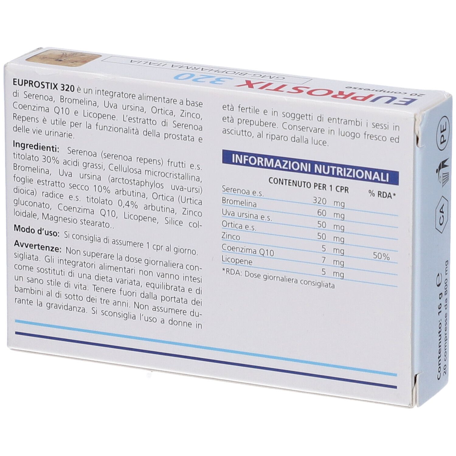 Retro della scatola EUPROSTIX 320. Contiene informazioni sugli ingredienti, i valori nutrizionali e le istruzioni per l'uso.