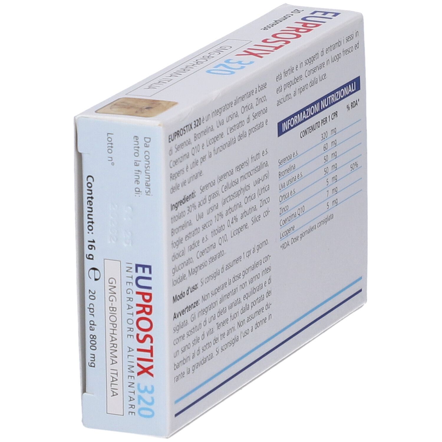 Scatola EUPROSTIX 320, 20 compresse. Contiene informazioni sugli ingredienti e i valori nutrizionali. Vista obliqua.