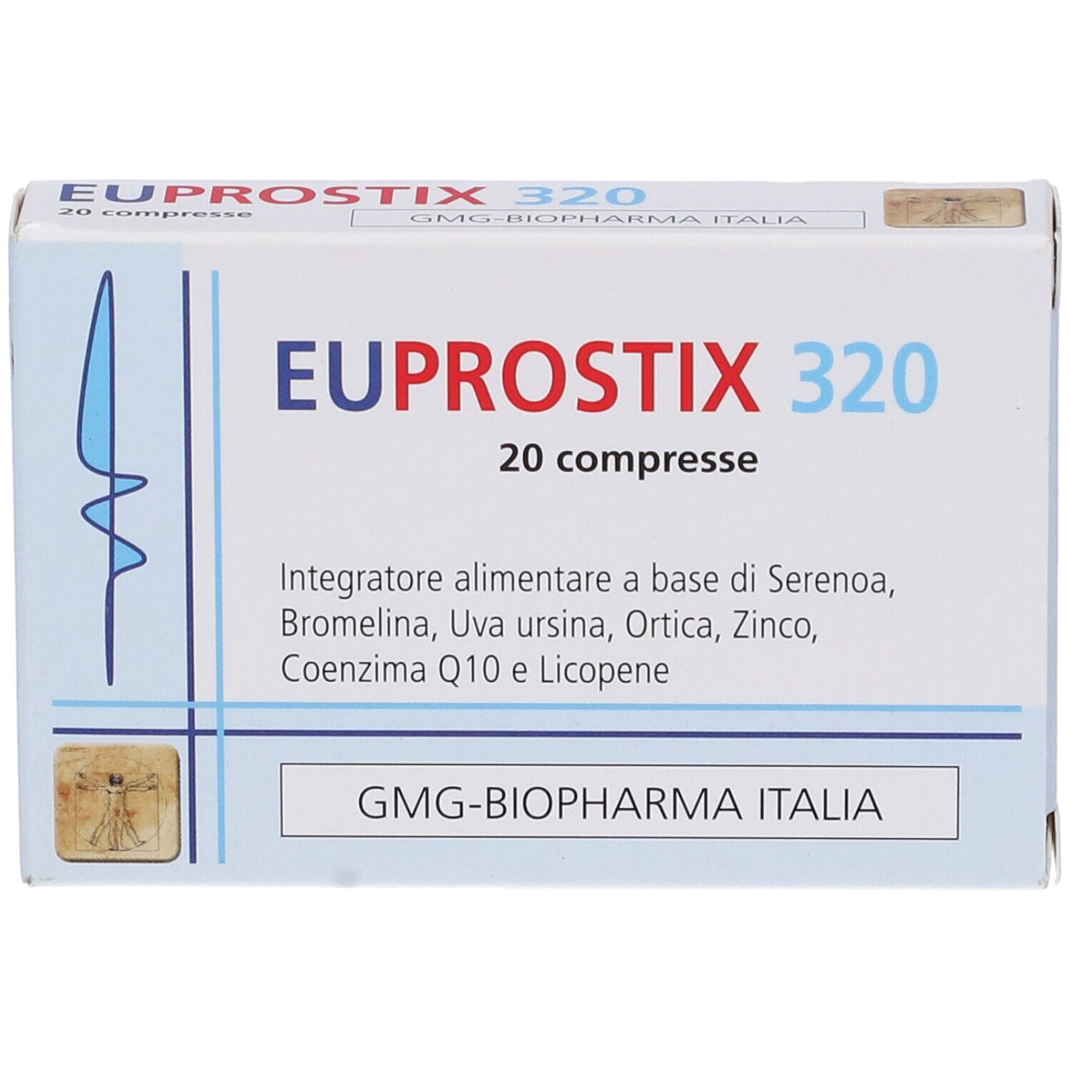 Scatola di EUPROSTIX 320, 20 compresse. Contiene Serenoa, Bromelina, Uva ursina, Ortica, Zinco, Coenzima Q10 e Licopene.