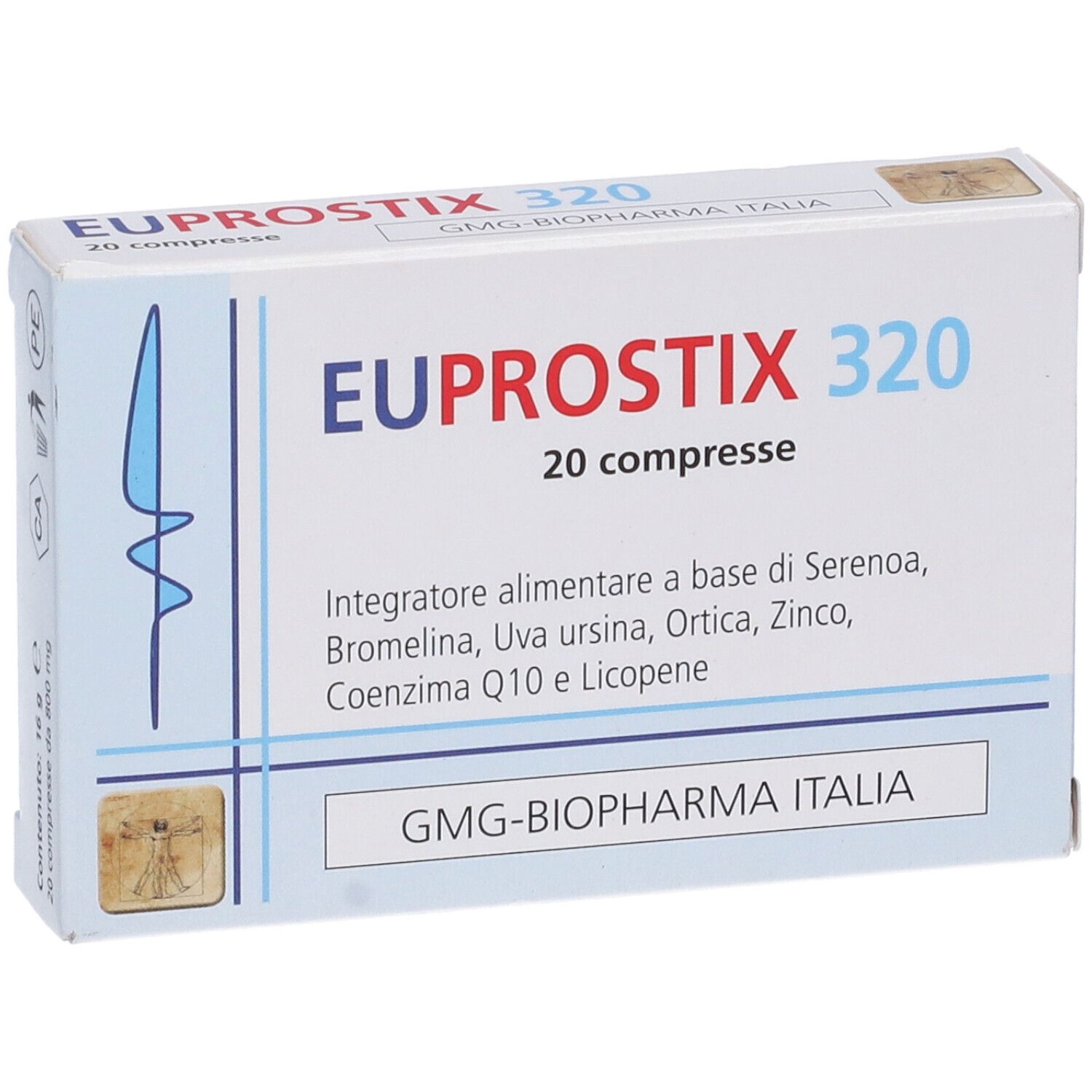 Scatola di EUPROSTIX 320, 20 compresse. Contiene Serenoa, Bromelina, Uva ursina, Ortica, Zinco, Coenzima Q10 e Licopene.