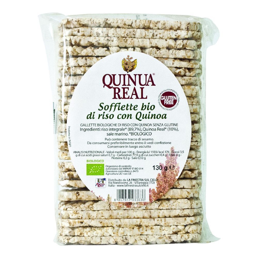 Confezione di gallette di riso. Scritta: Quinua Real, Soffiette bio di riso con quinoa, senza glutine. Con marchio bio e 130g.