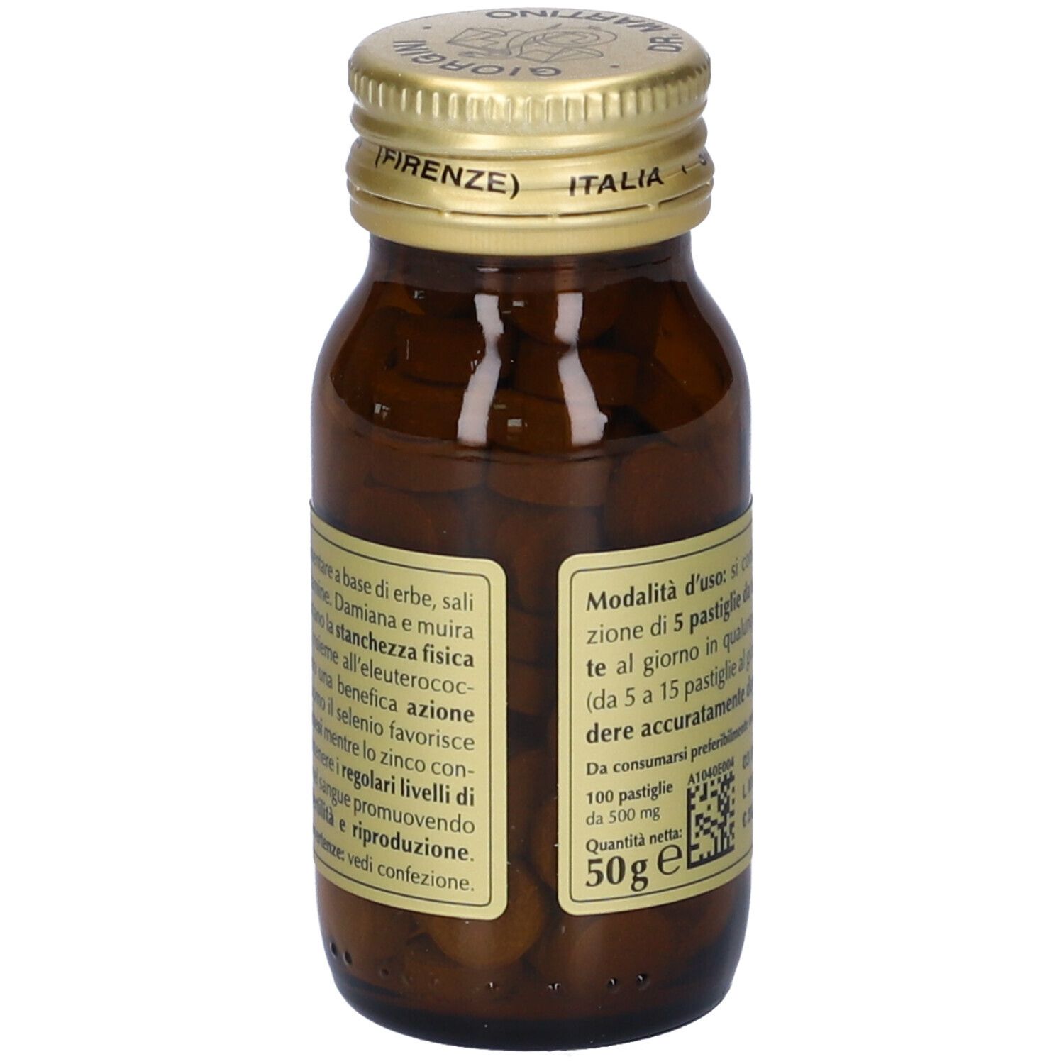 Bottiglia di vetro marrone con tappo dorato ed etichetta. Etichetta con informazioni sul prodotto, ingredienti e dosaggio. Compresse visibili.