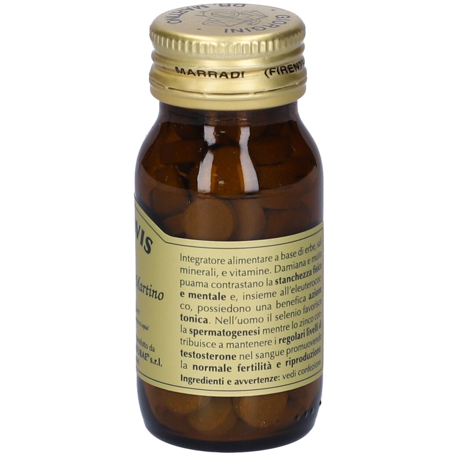 Bottiglia di vetro marrone con tappo dorato ed etichetta. Etichetta con informazioni sul prodotto, ingredienti e dosaggio. Compresse visibili.