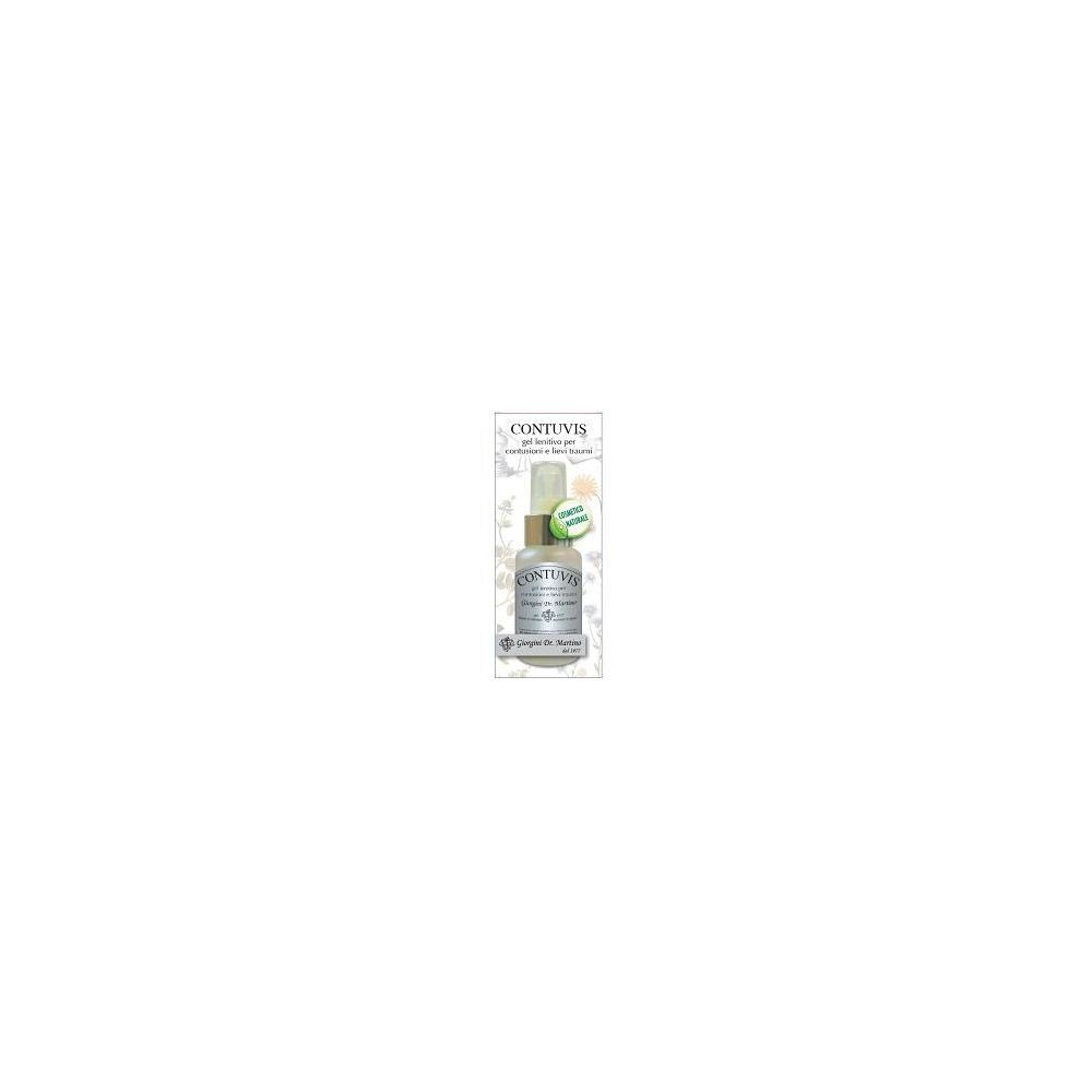 Confezione prodotto con flacone e spruzzatore. Scritta: Contuvis gel per la pelle. Adesivo verde e bianco.