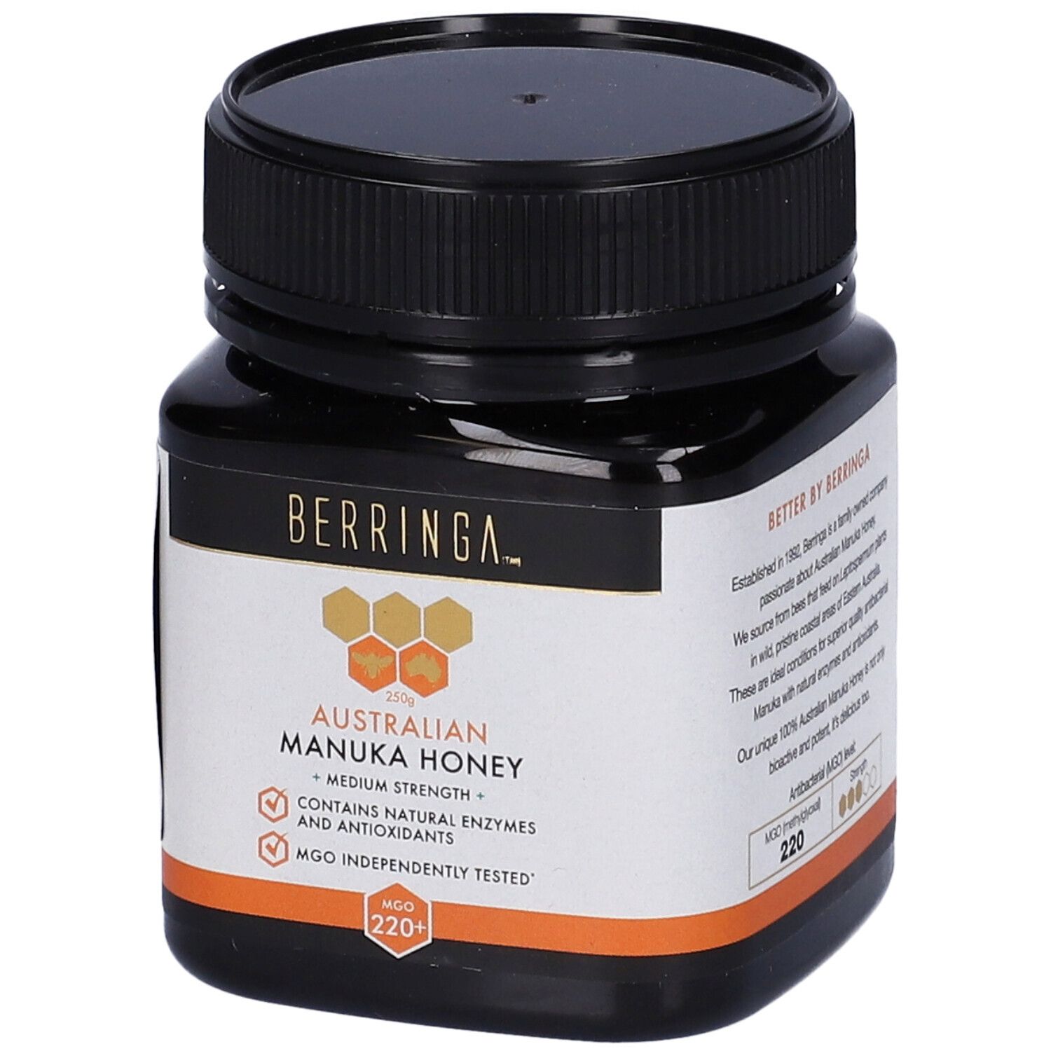 Barattolo nero di miele con BERRINGA, Australian Manuka Honey, 220 MGO. Contiene enzimi e antiossidanti.