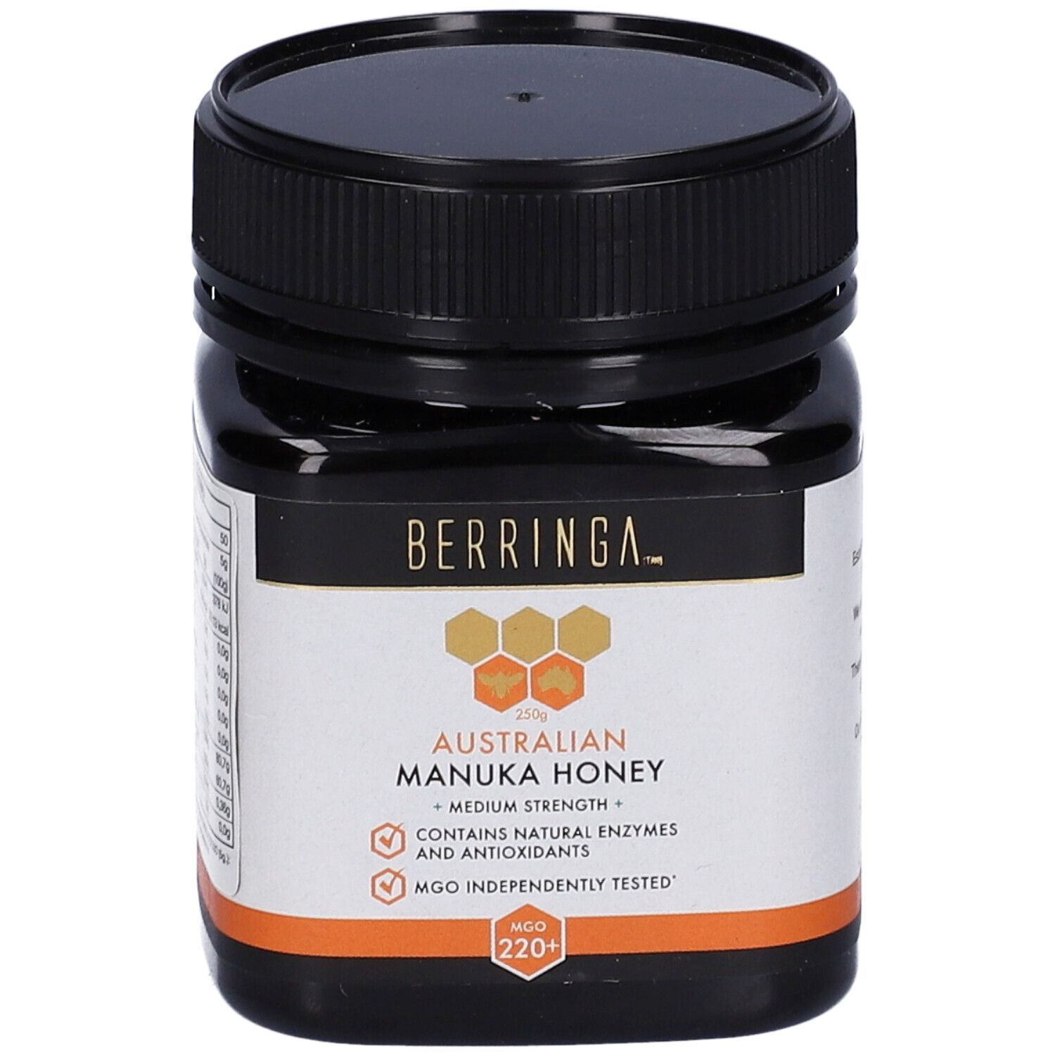 Barattolo nero di miele con BERRINGA, Australian Manuka Honey, 220 MGO. Contiene enzimi e antiossidanti.