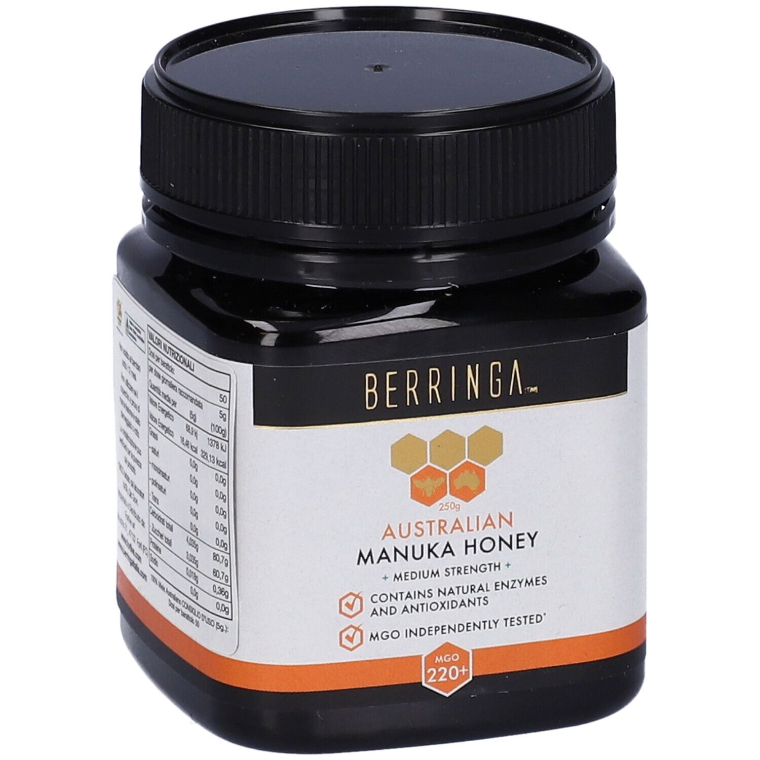 Barattolo nero di miele con BERRINGA, Australian Manuka Honey, 220 MGO. Contiene enzimi e antiossidanti.