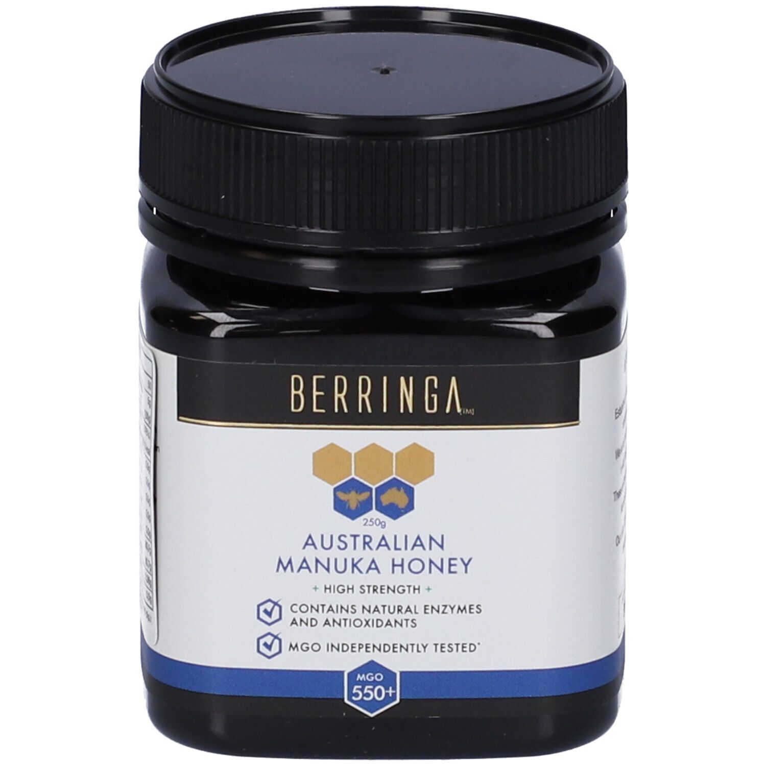 Barattolo scuro con coperchio nero. Etichetta con "BERRINGA", "Australian Manuka Honey", grafica a nido d'ape e "MGO 550+".